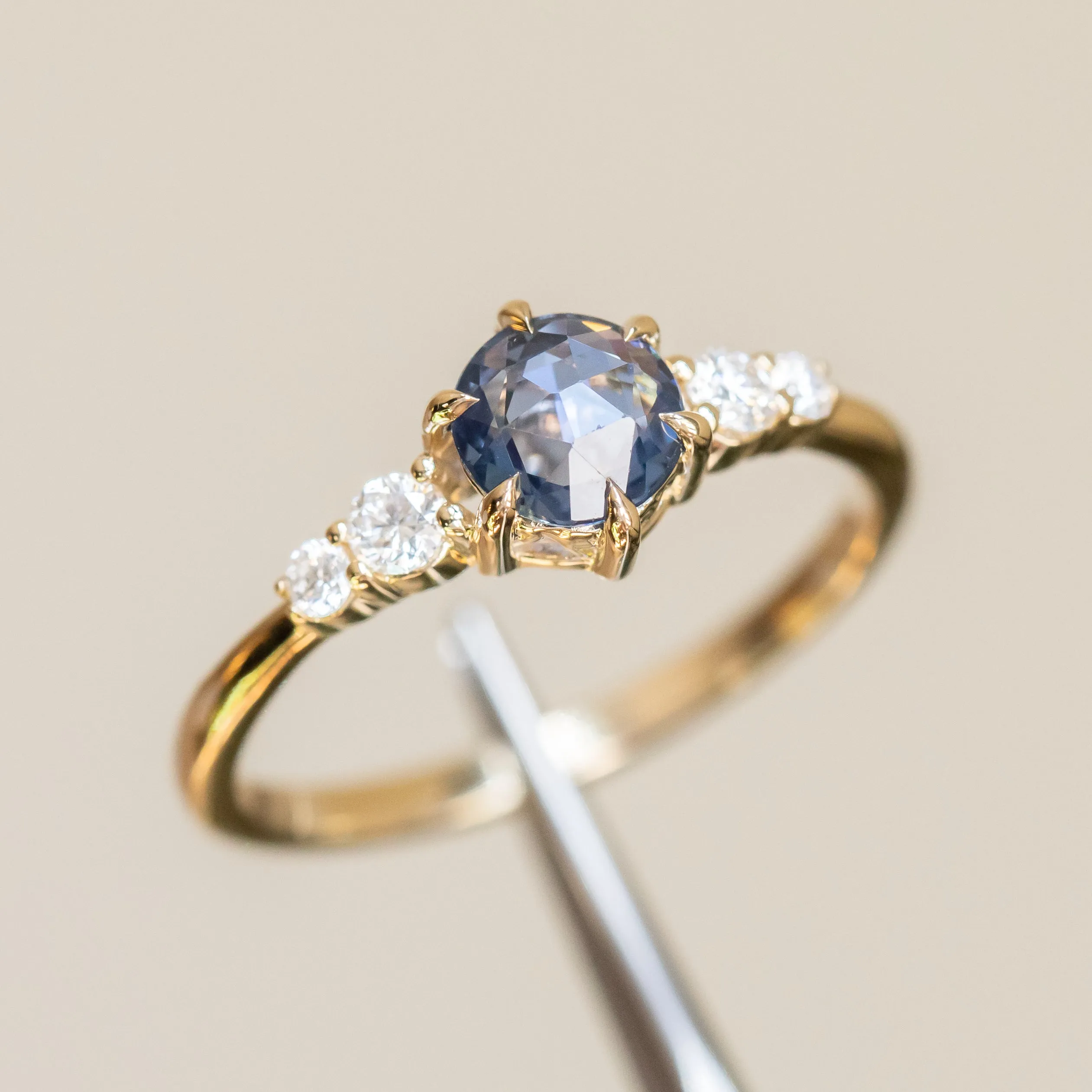 0.74ct Ceylon Blue Rosecut Sapphire and Diamond 6 Prongs Low Profile Ring in 14k Yellow Gold