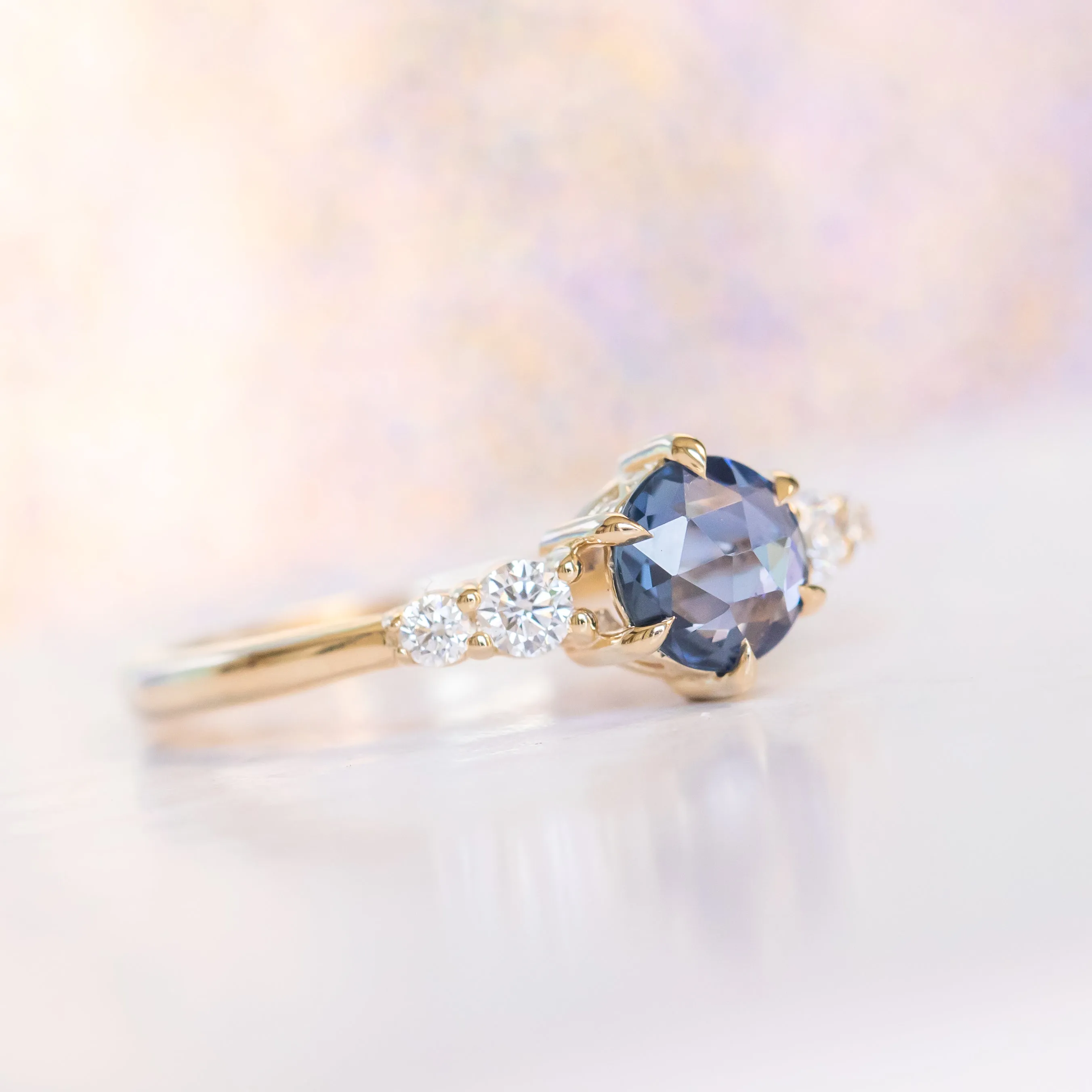 0.74ct Ceylon Blue Rosecut Sapphire and Diamond 6 Prongs Low Profile Ring in 14k Yellow Gold