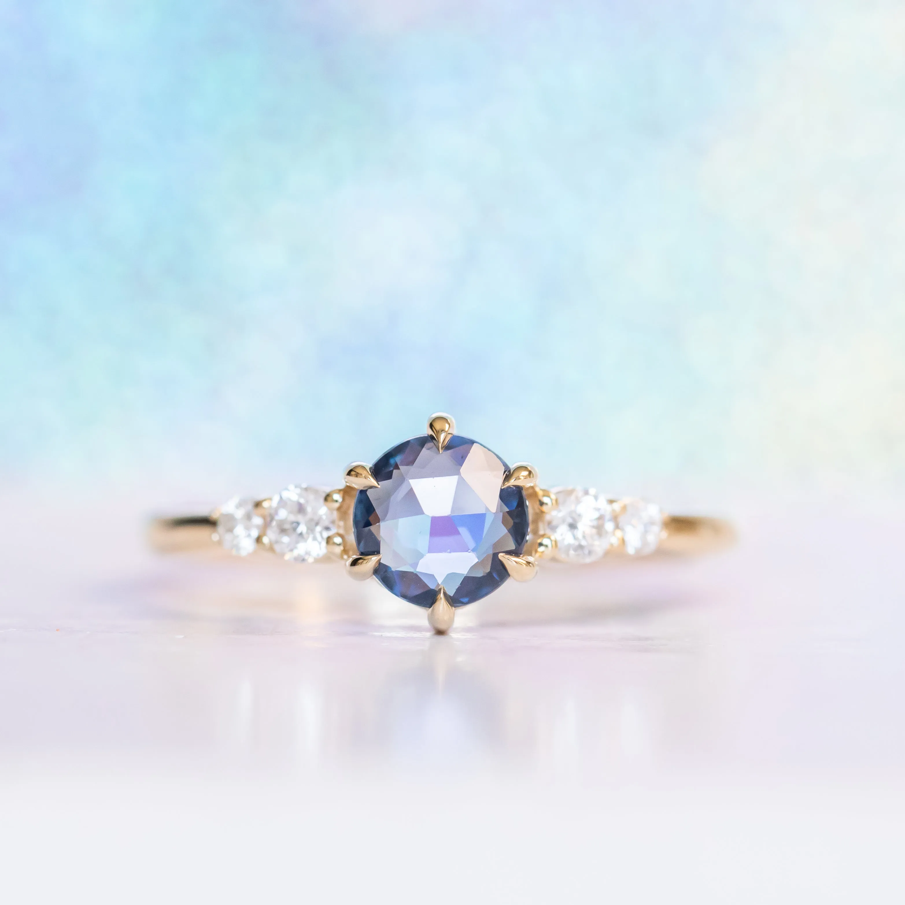 0.74ct Ceylon Blue Rosecut Sapphire and Diamond 6 Prongs Low Profile Ring in 14k Yellow Gold