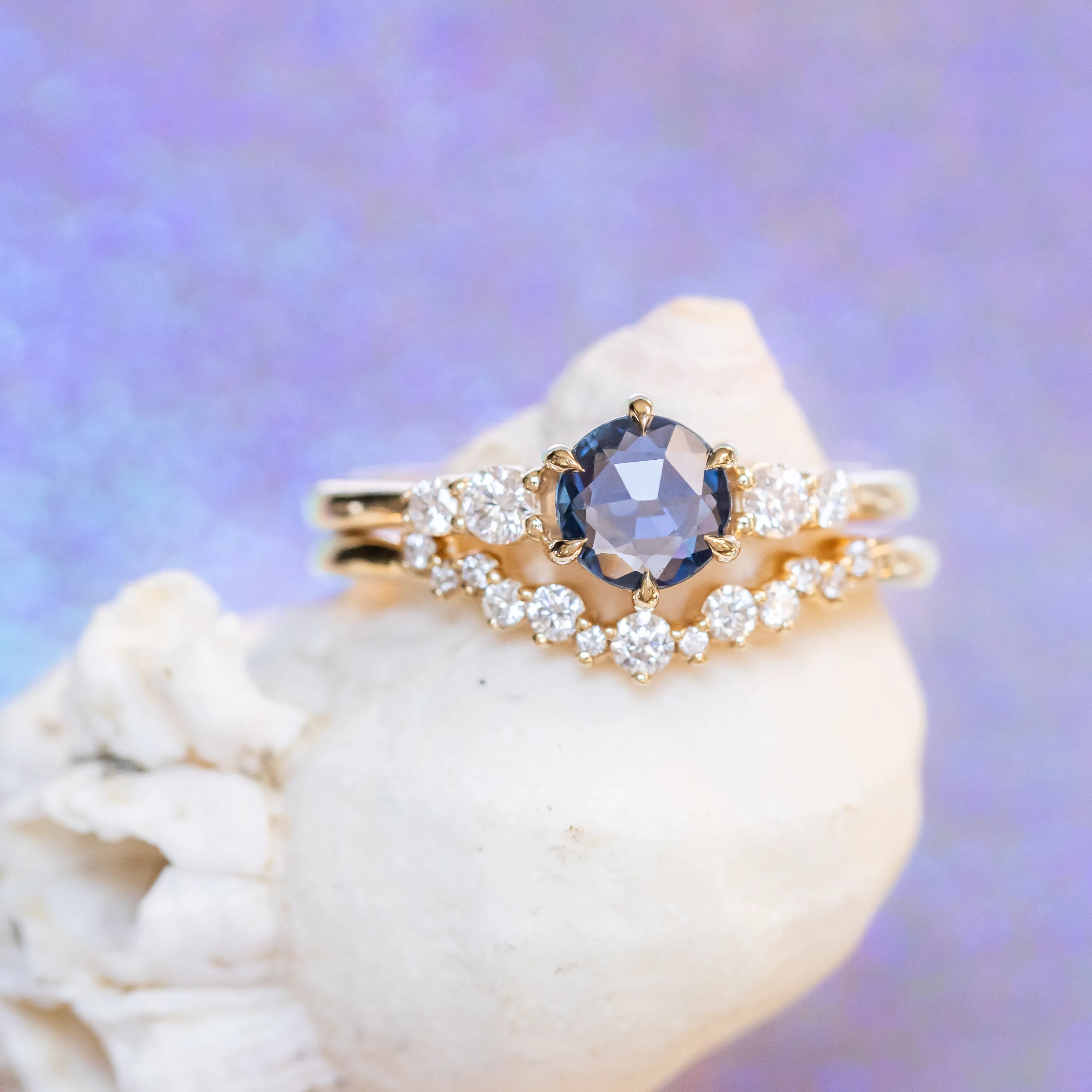 0.74ct Ceylon Blue Rosecut Sapphire and Diamond 6 Prongs Low Profile Ring in 14k Yellow Gold