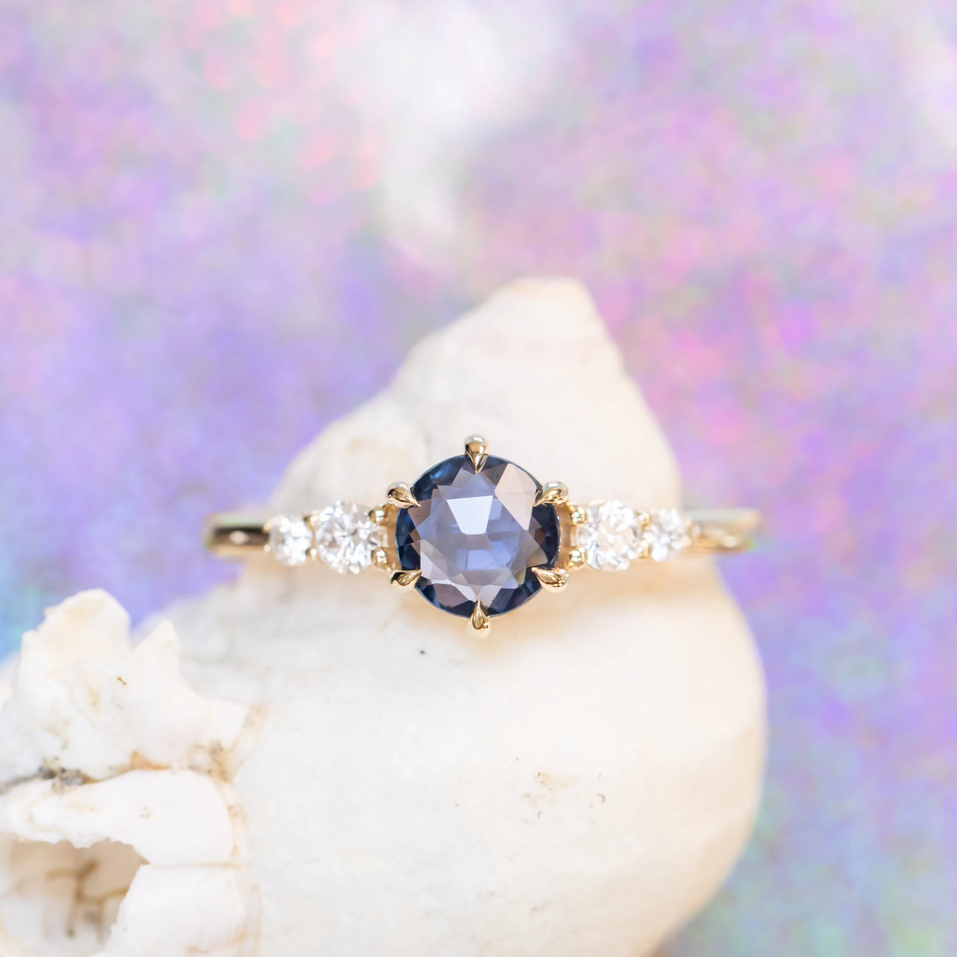 0.74ct Ceylon Blue Rosecut Sapphire and Diamond 6 Prongs Low Profile Ring in 14k Yellow Gold