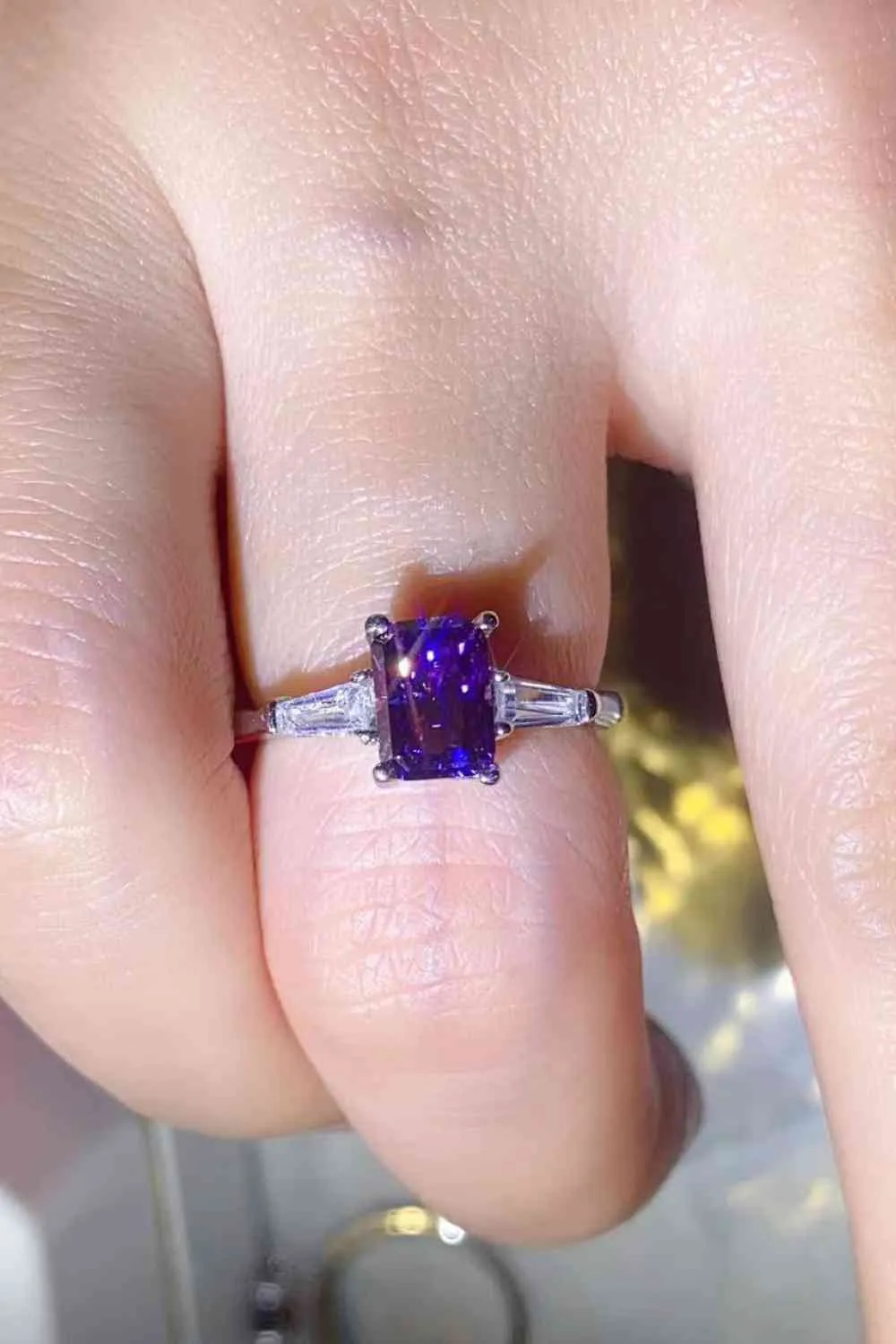 1 Carat Moissanite Platinum-Plated Rectangle Ring in Purple