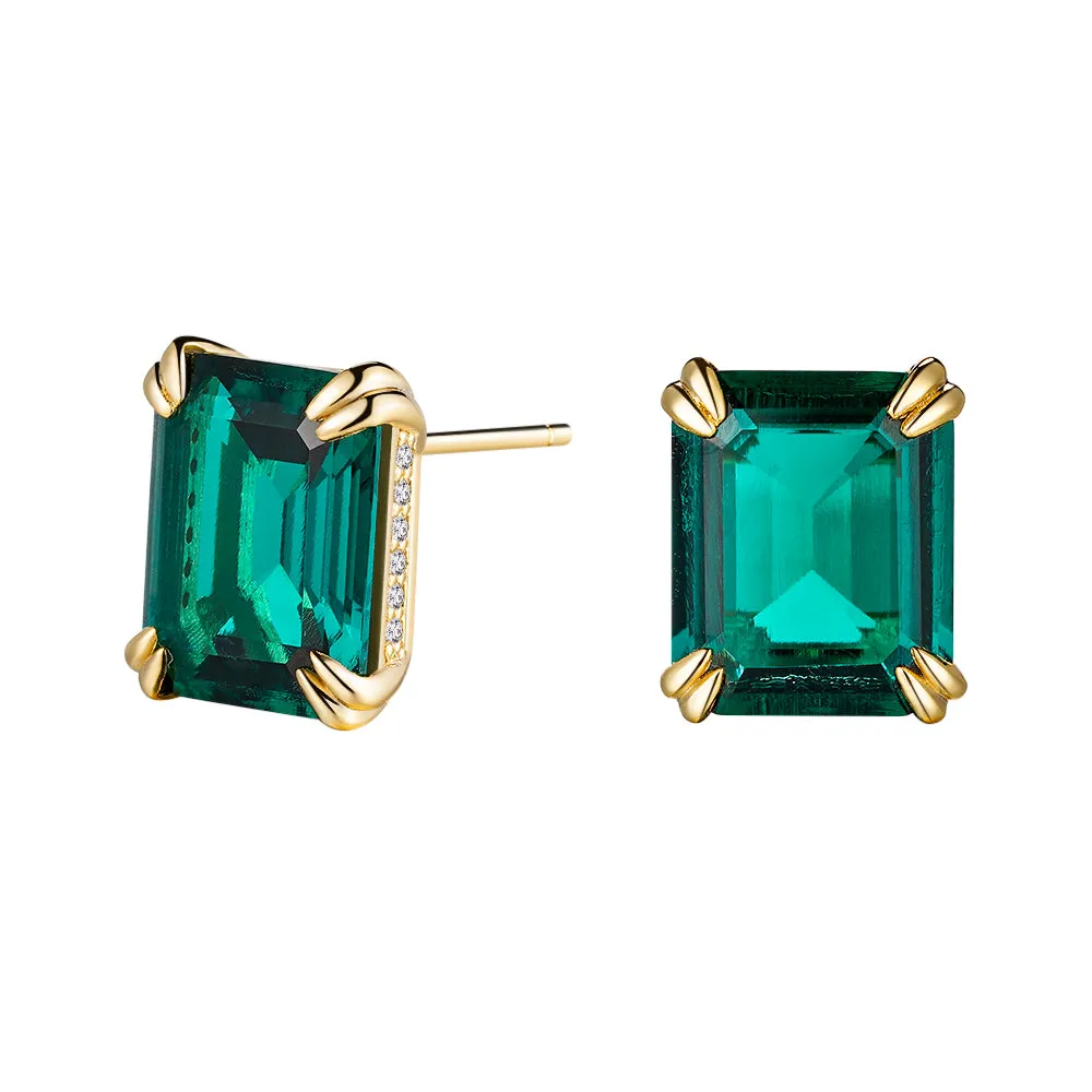 10 Ctw Double Prong Set Emerald-Cut Emerald Stud Earrings