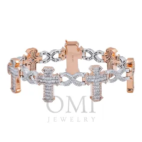 10K GOLD TWO TONE ROUND AND BAGUETTE DIAMONDS CROSS INFINITY CHAIN BRACELET 5.60 CT