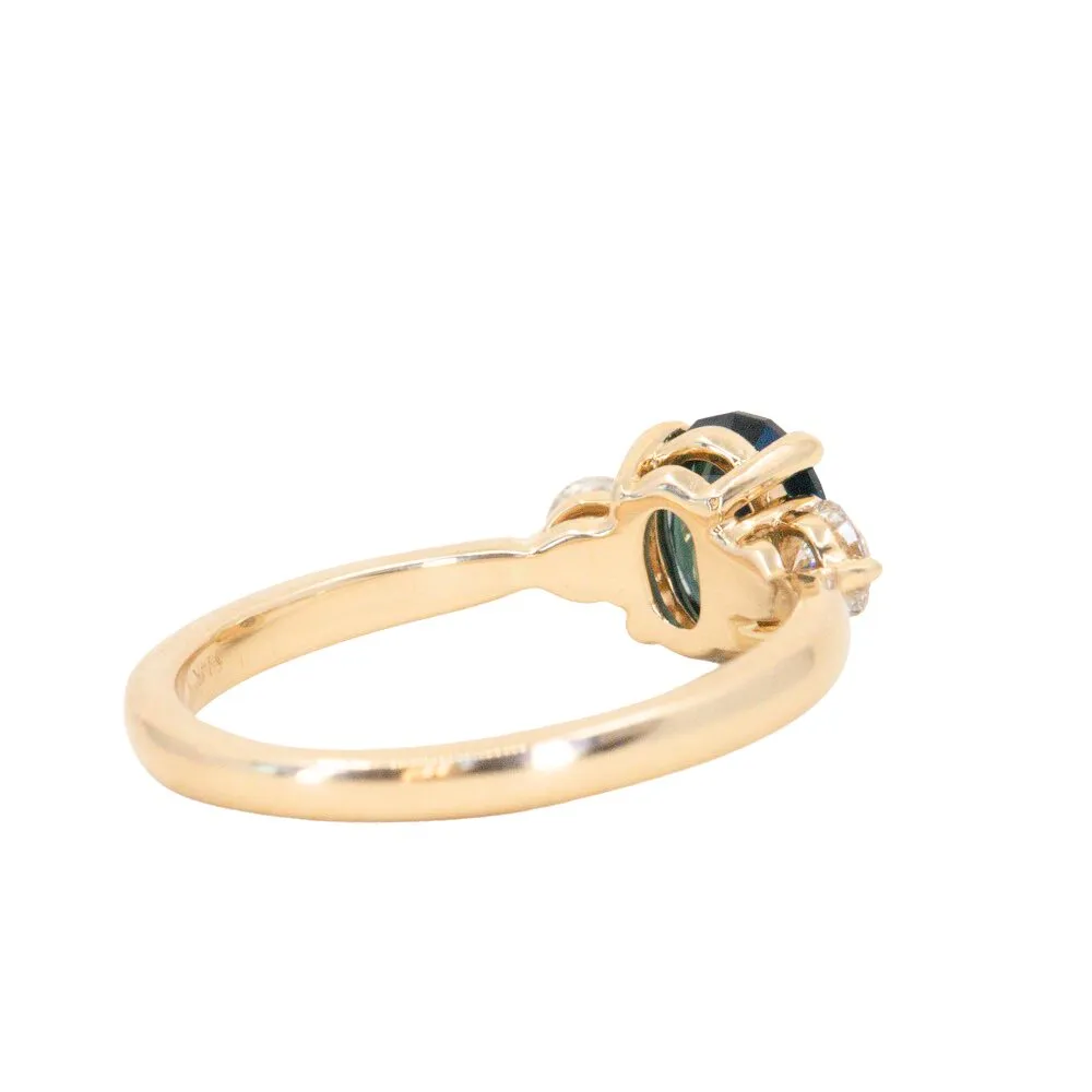 1.35ct Nigerian Deep Teal Oval Sapphire and Lab Diamond Three Stone Ring in 14K Yellow Gold