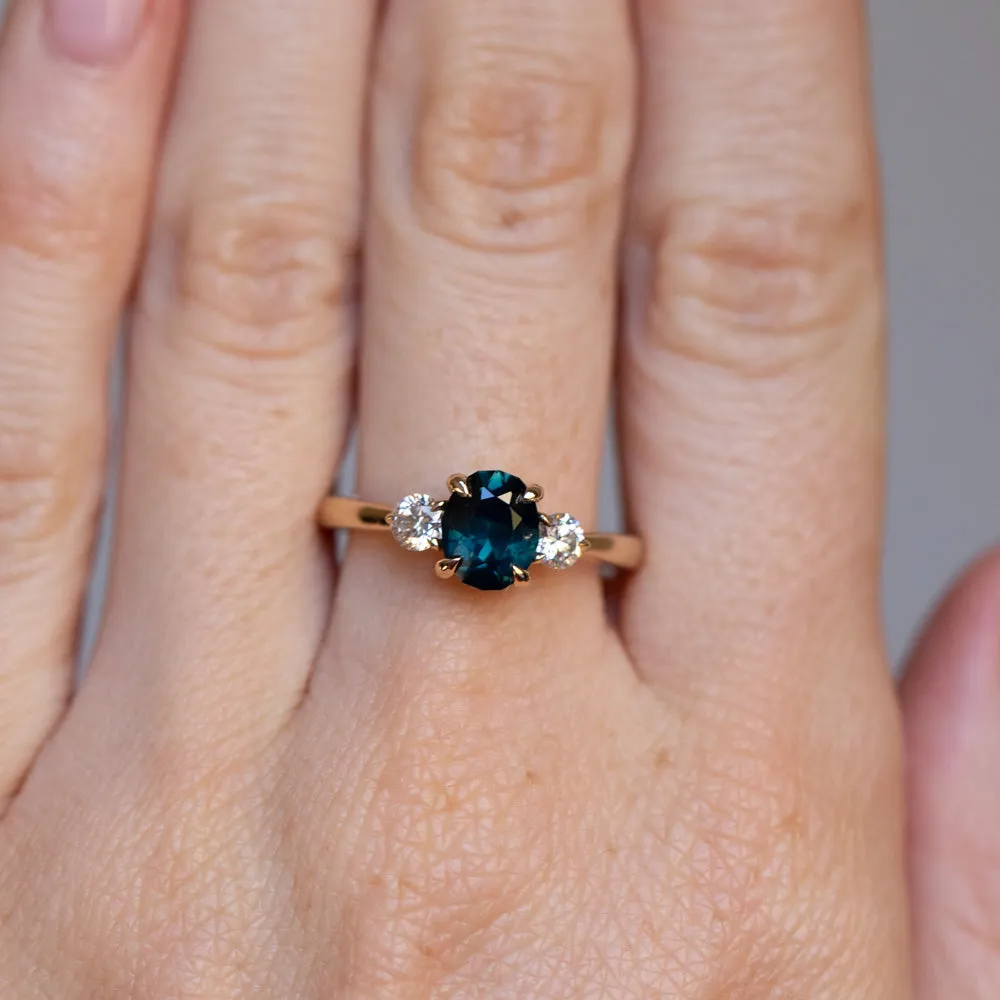 1.35ct Nigerian Deep Teal Oval Sapphire and Lab Diamond Three Stone Ring in 14K Yellow Gold