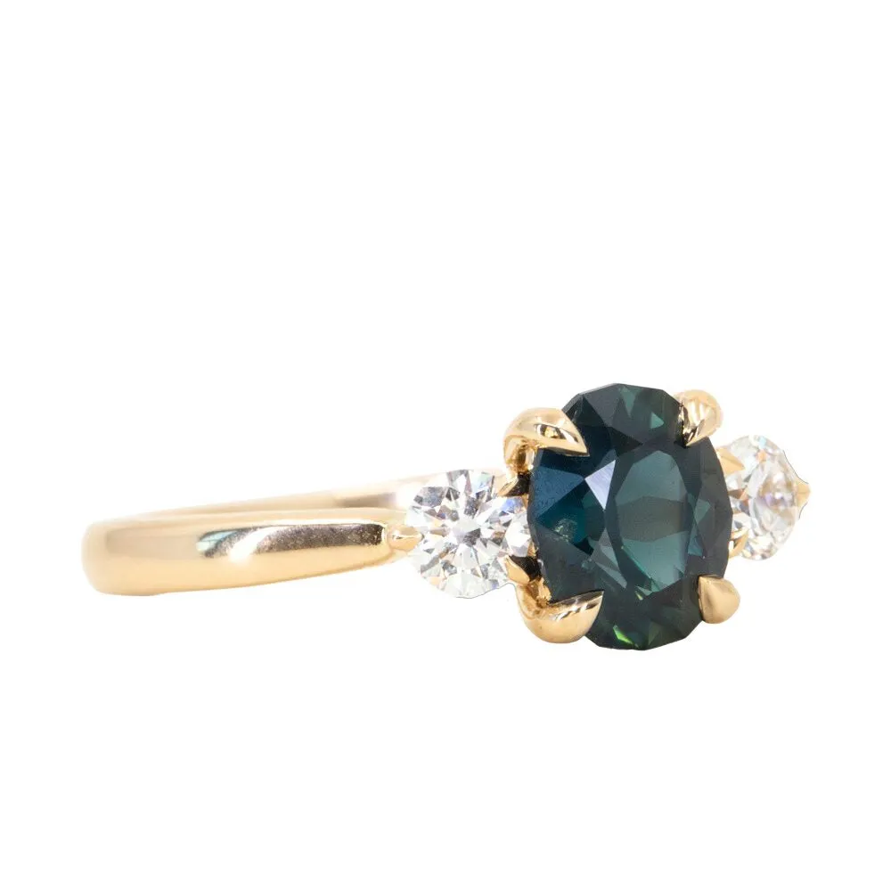 1.35ct Nigerian Deep Teal Oval Sapphire and Lab Diamond Three Stone Ring in 14K Yellow Gold