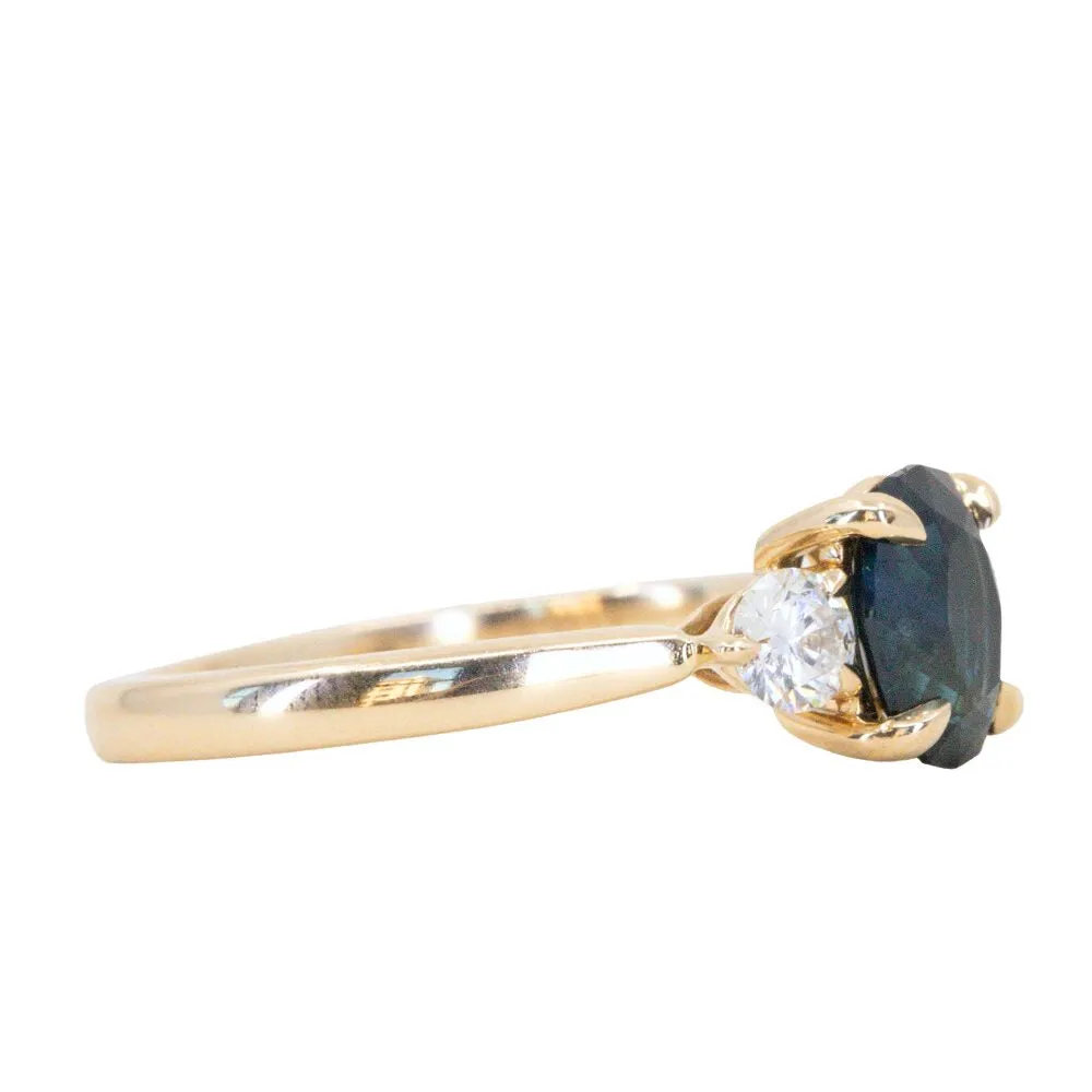 1.35ct Nigerian Deep Teal Oval Sapphire and Lab Diamond Three Stone Ring in 14K Yellow Gold