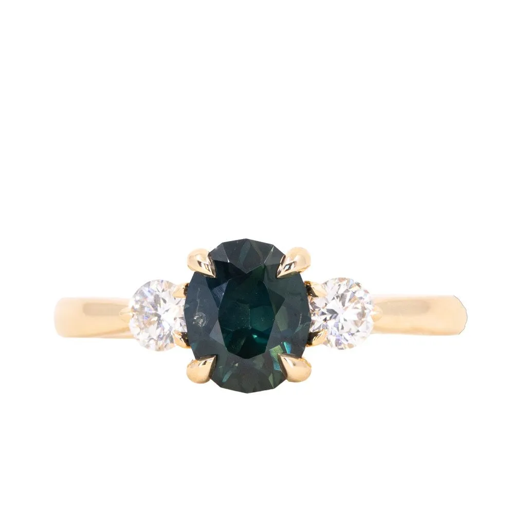 1.35ct Nigerian Deep Teal Oval Sapphire and Lab Diamond Three Stone Ring in 14K Yellow Gold