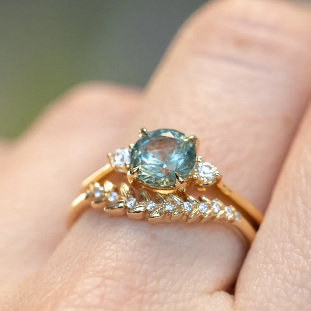 1.36ct Untreated Seafoam Round Montana Sapphire and Diamond Dainty Three Stone Ring in 18k Yellow Gold