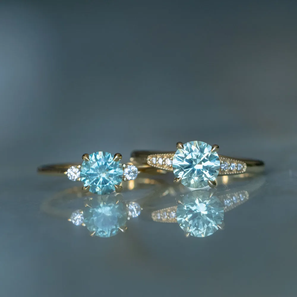 1.36ct Untreated Seafoam Round Montana Sapphire and Diamond Dainty Three Stone Ring in 18k Yellow Gold