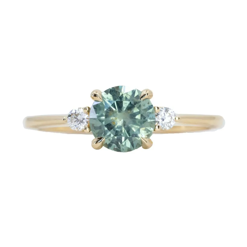 1.36ct Untreated Seafoam Round Montana Sapphire and Diamond Dainty Three Stone Ring in 18k Yellow Gold