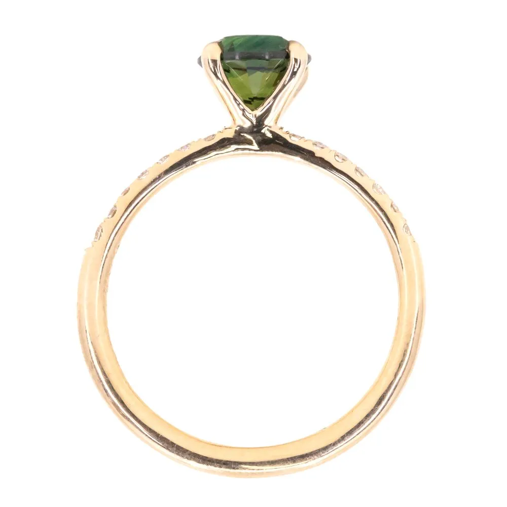 1.39ct Round Teal Green Nigerian Sapphire and French Set Diamond Solitaire in 14k Yellow Gold