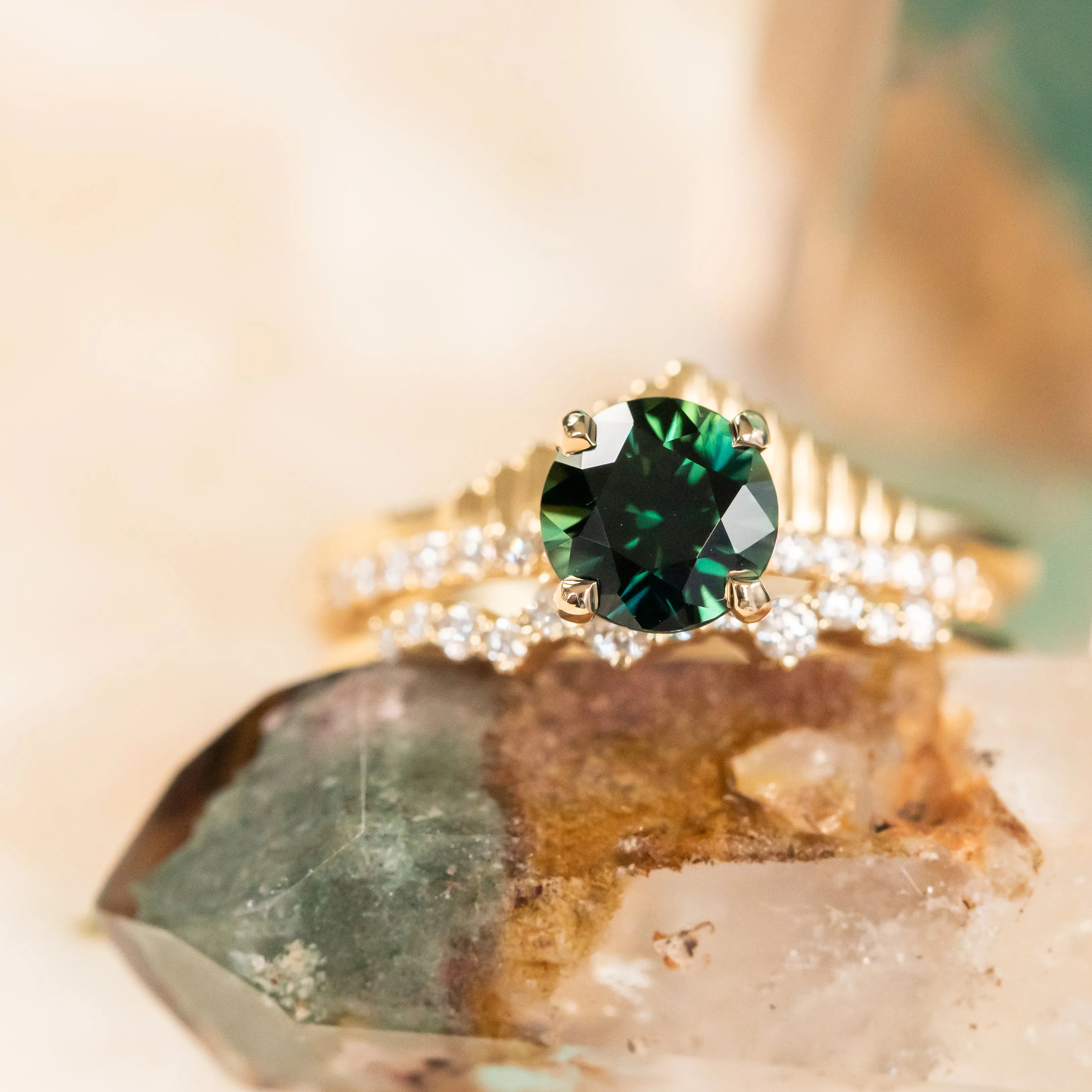 1.39ct Round Teal Green Nigerian Sapphire and French Set Diamond Solitaire in 14k Yellow Gold