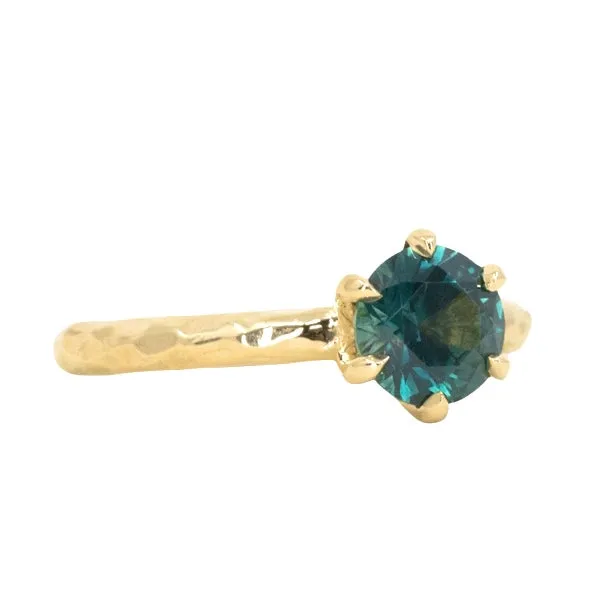 1.44ct Teal Precision Cut Montana Sapphire Evergreen Six Prong Solitaire in 18k Yellow Gold