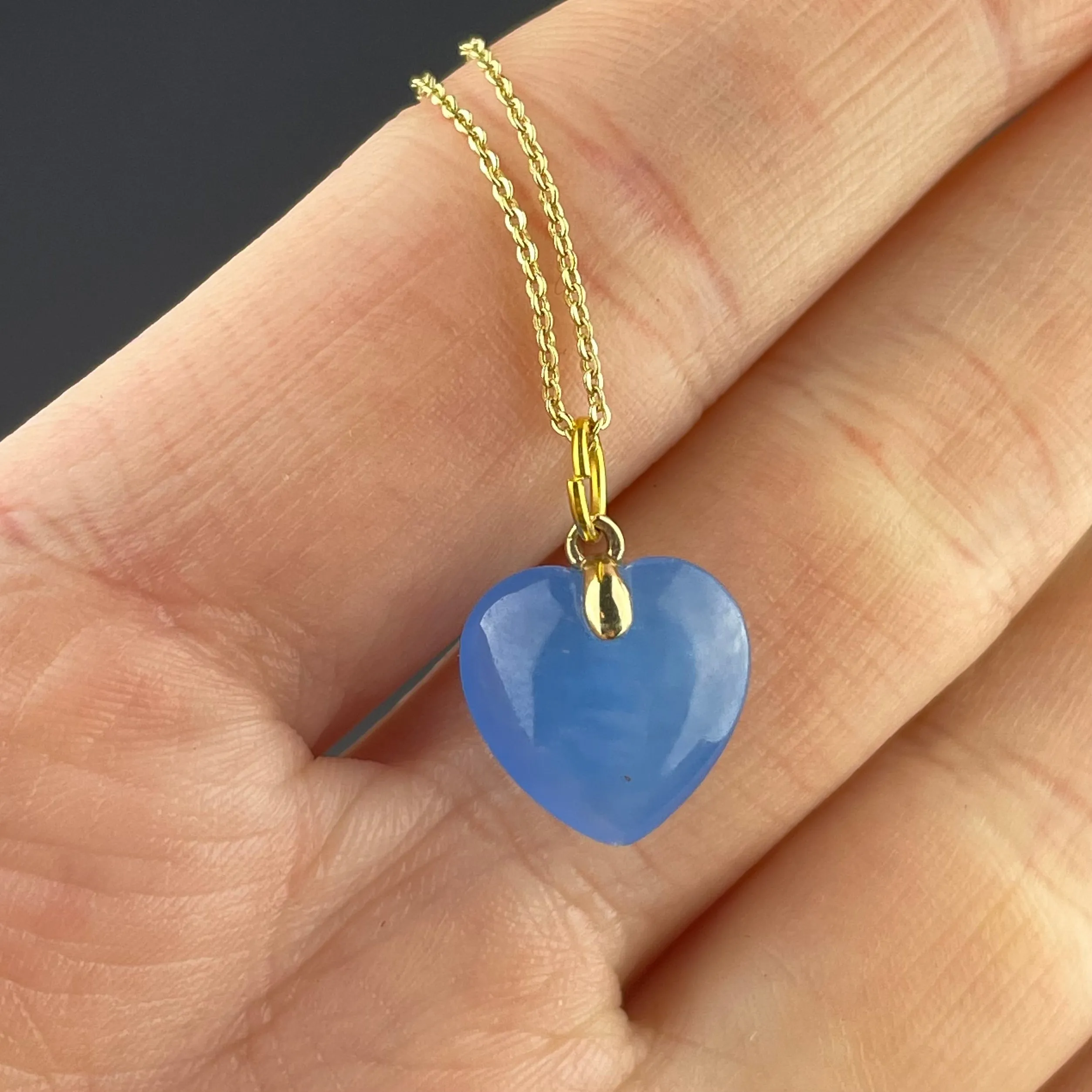 14K Gold Blue Jade Heart Pendant Necklace