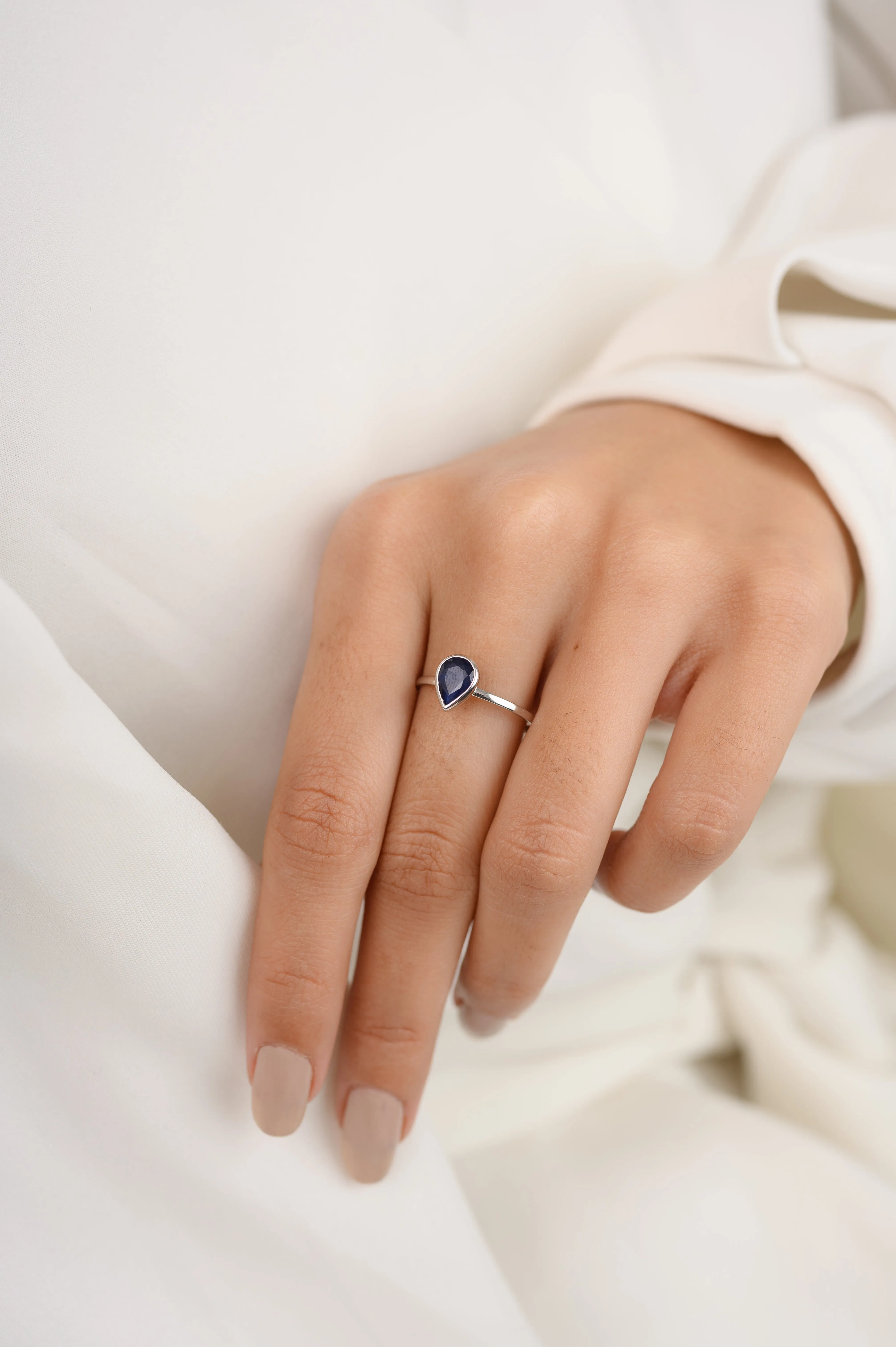 14K Gold Pear Cut Blue Sapphire Ring