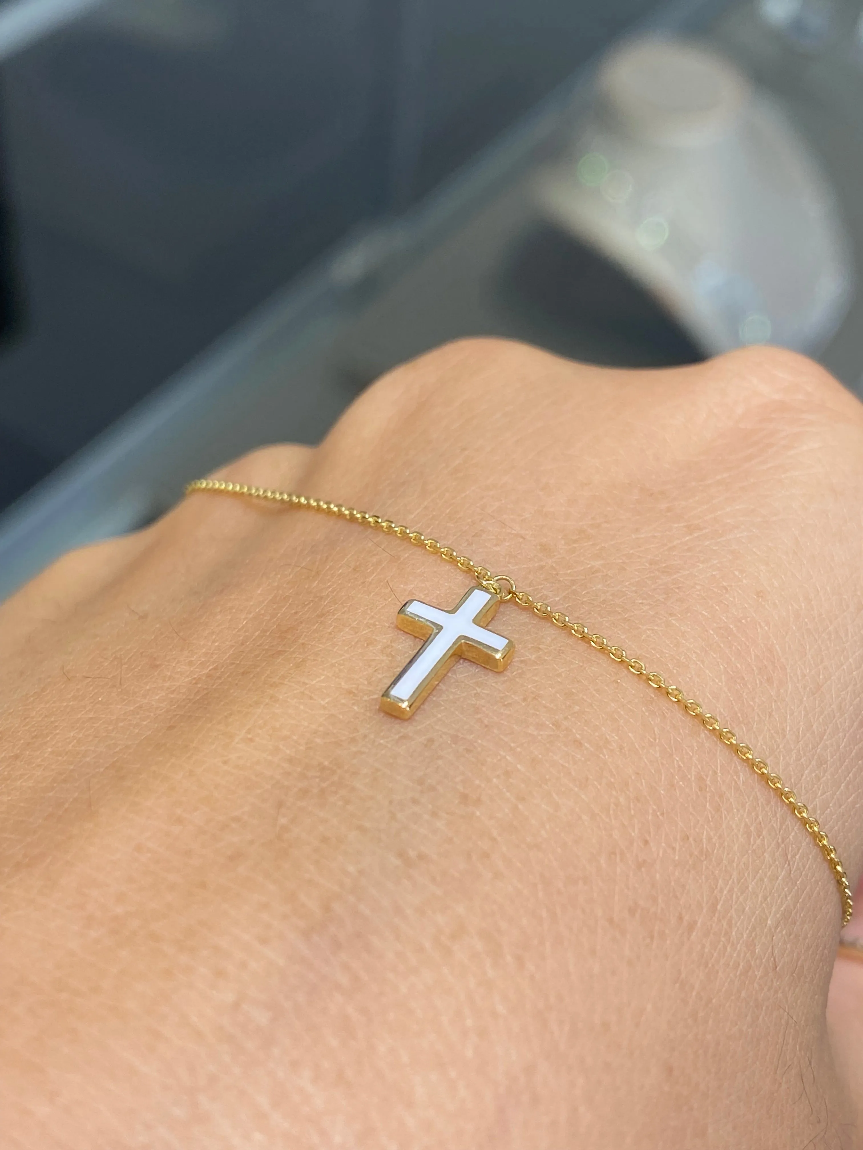 14K Gold White Enamel Cross Pendant Necklace