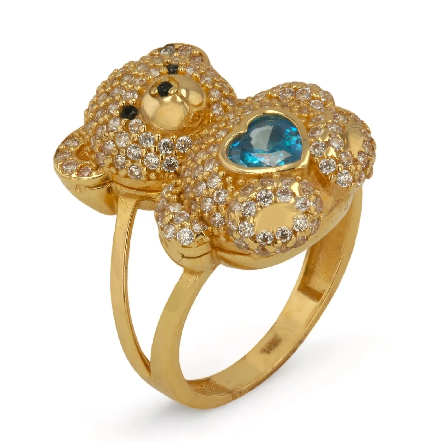 14K Yellow Gold Teddy Bear Ring with Blue Stone - 223762