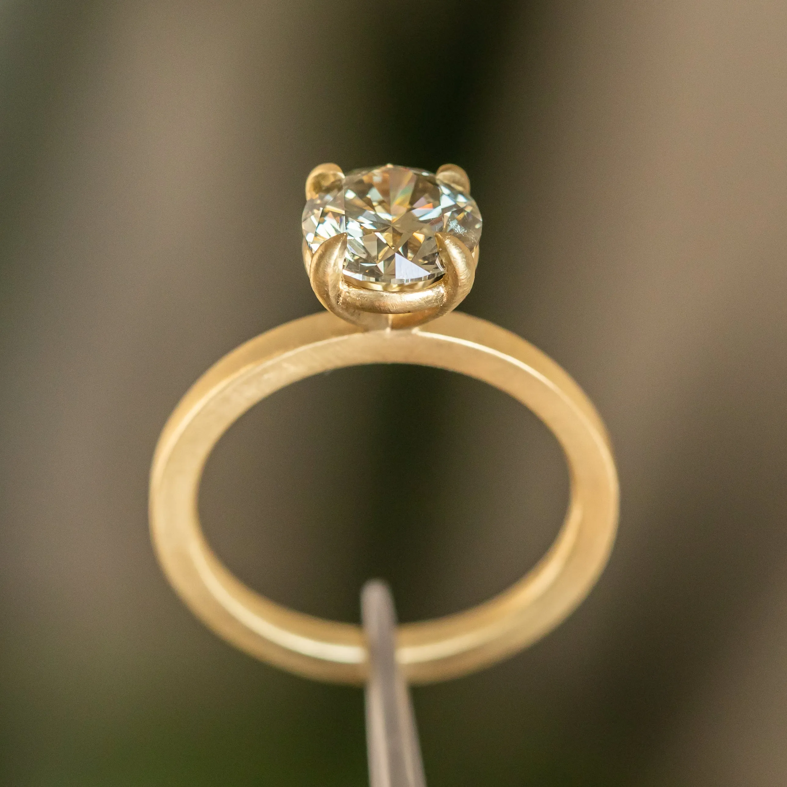 1.71ct Round GIA Fancy Dark Green/Grey Diamond Flat Band 4 Prong Solitaire in 18k Yellow Gold