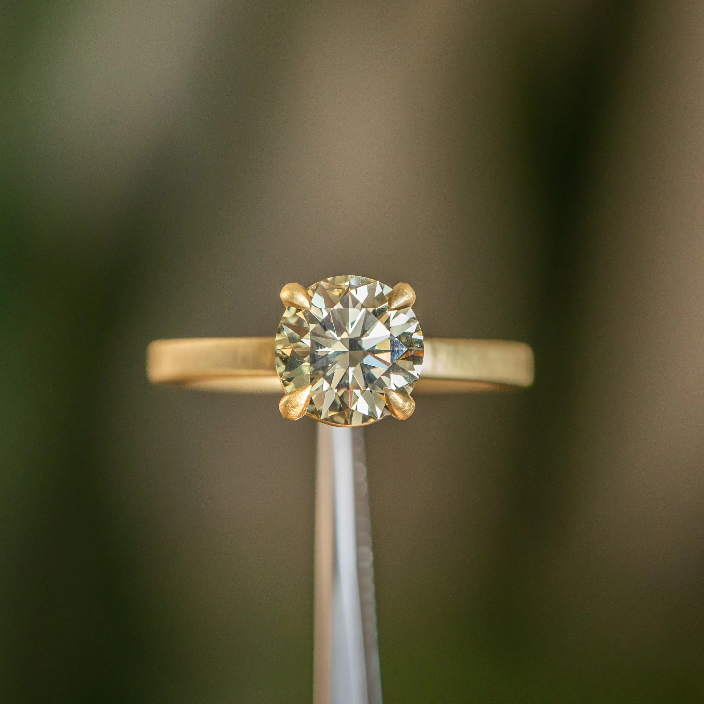 1.71ct Round GIA Fancy Dark Green/Grey Diamond Flat Band 4 Prong Solitaire in 18k Yellow Gold