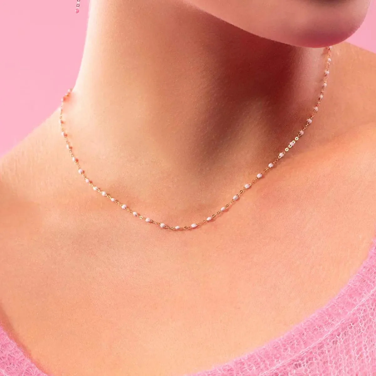 18K Gold and Baby Pink Resin Beaded Classic Necklace