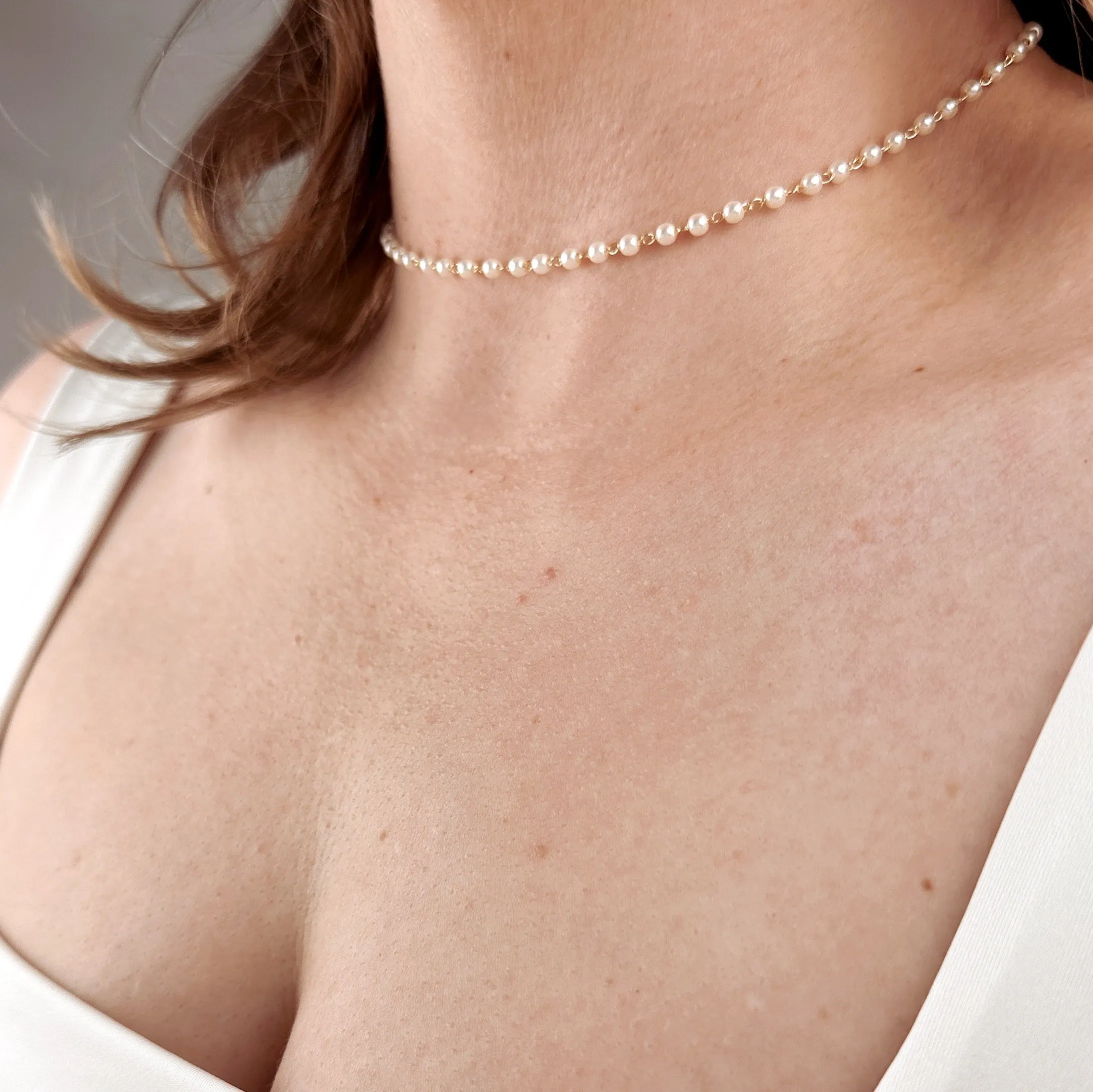 18k Gold Filled 3mm Pearls Choker Necklace