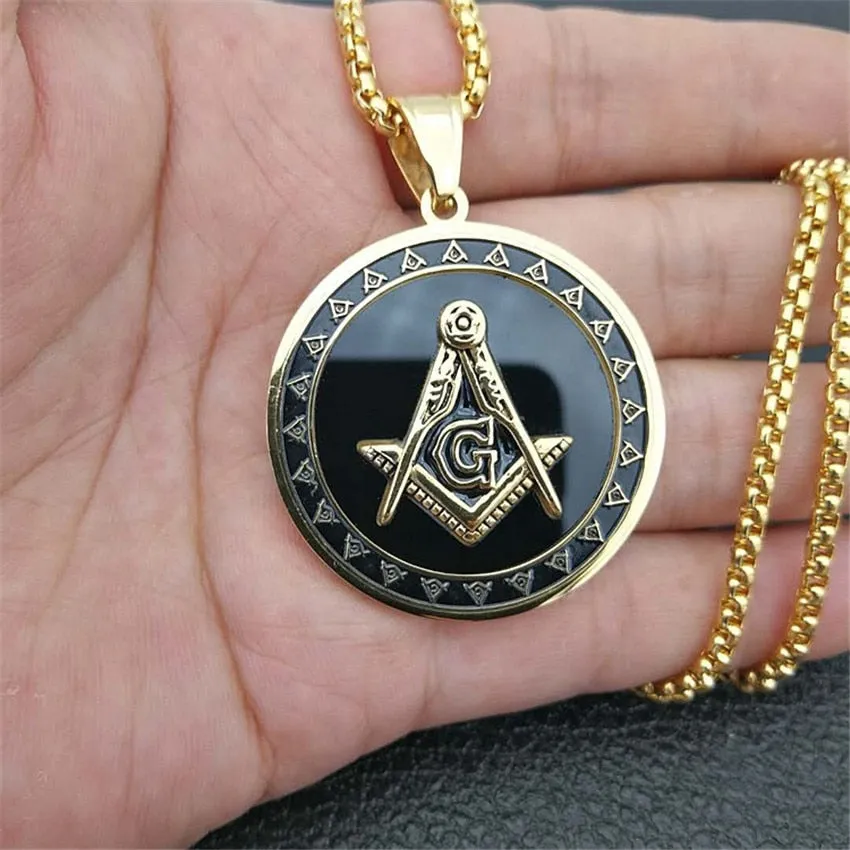 18KGP Masonic Freemason Compass Medallion Pendant Necklace