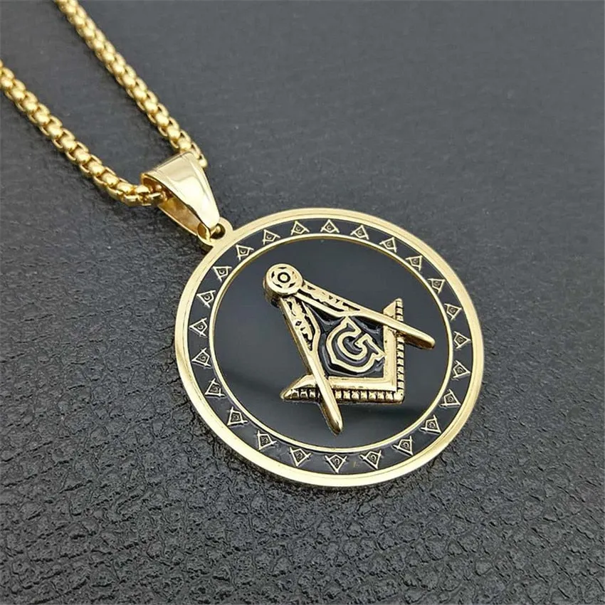 18KGP Masonic Freemason Compass Medallion Pendant Necklace