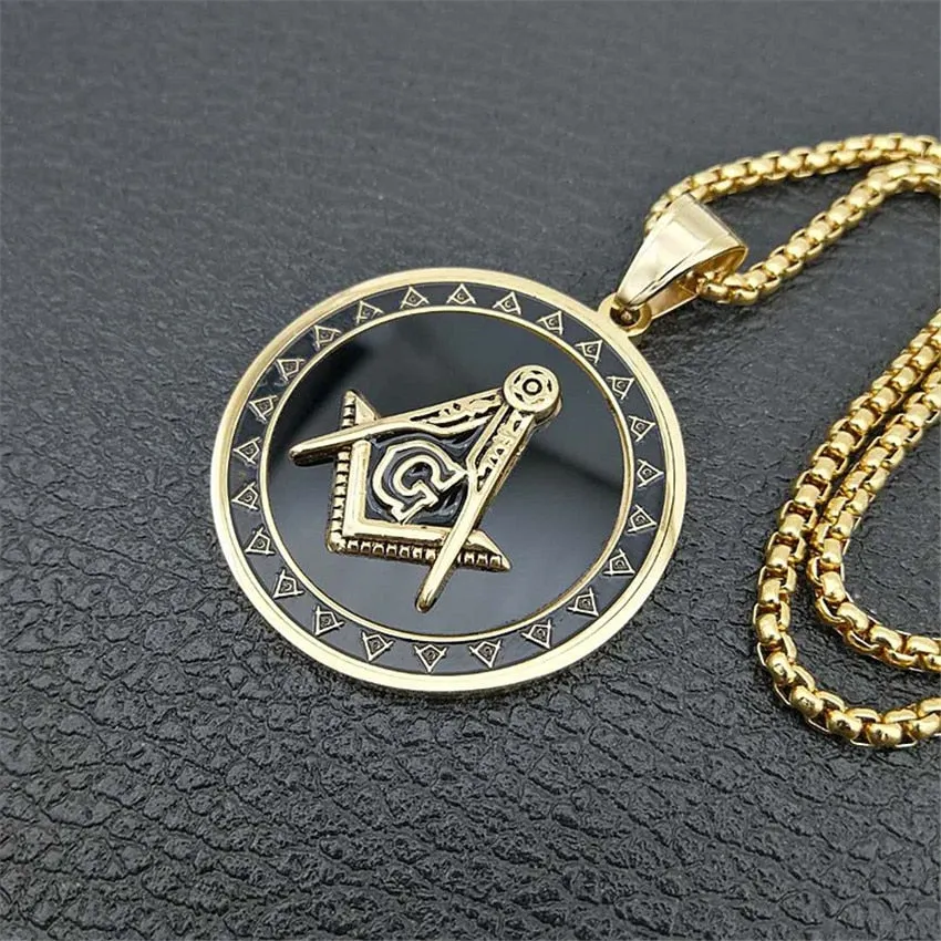 18KGP Masonic Freemason Compass Medallion Pendant Necklace