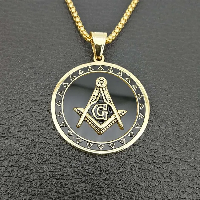 18KGP Masonic Freemason Compass Medallion Pendant Necklace