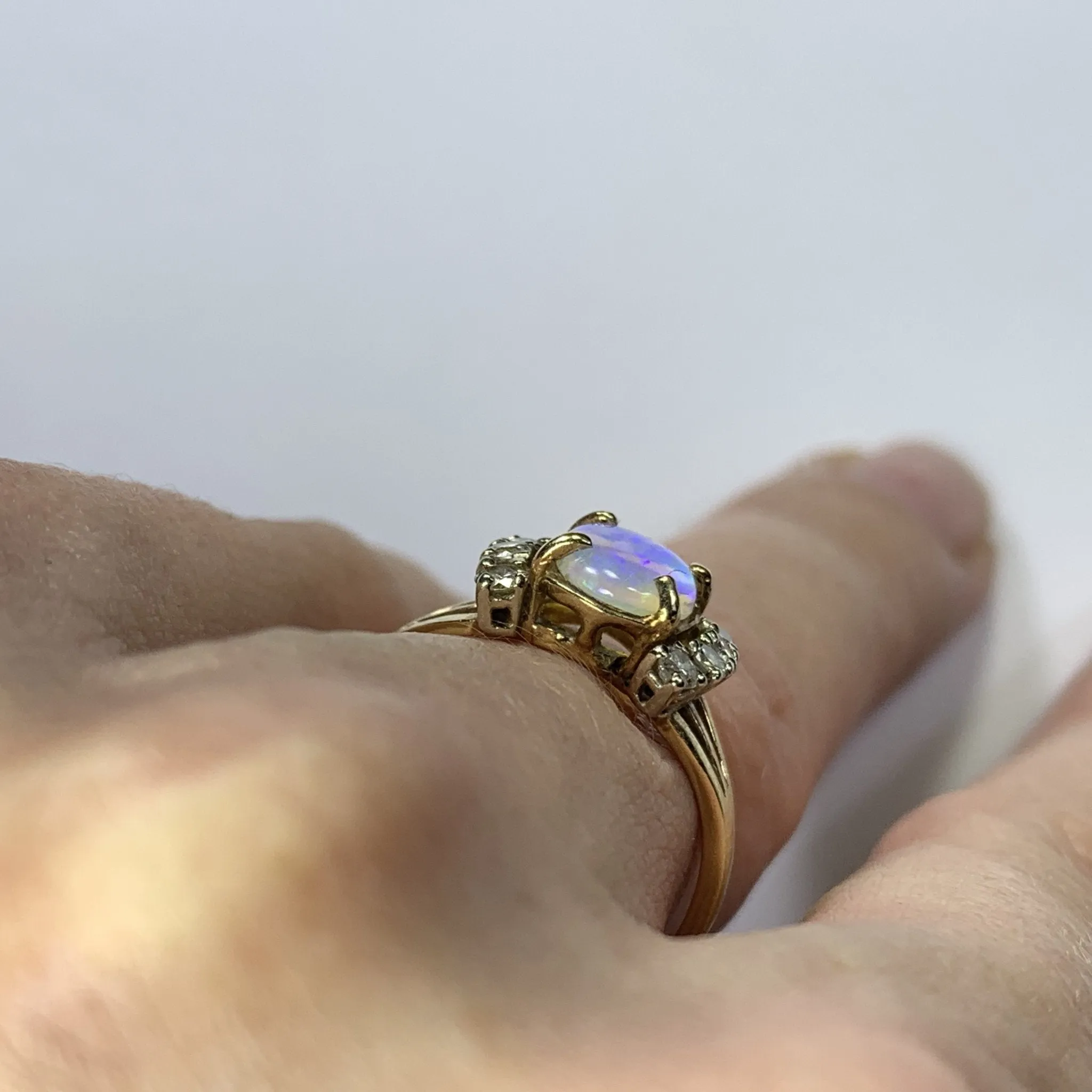 1940s Opal and Diamond Engagement Ring set in 14K Yellow Gold. October Birthstone.