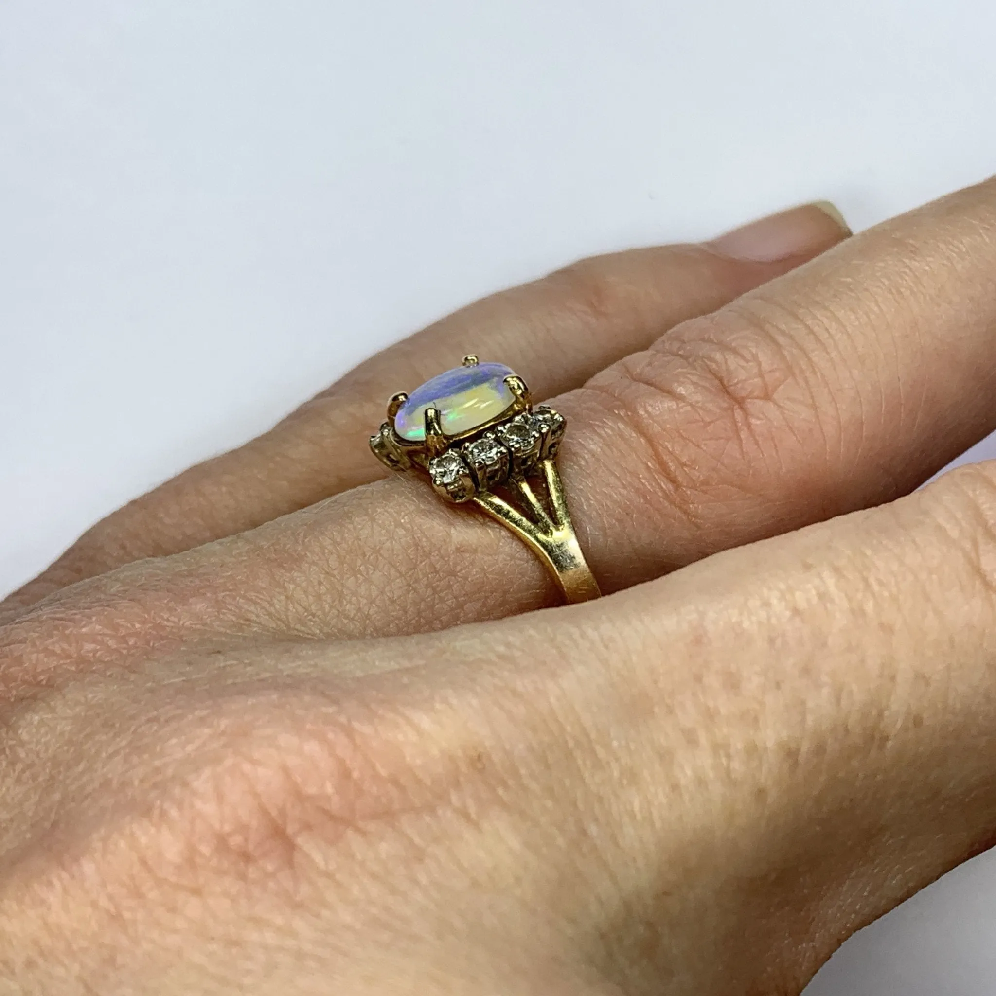 1940s Opal and Diamond Engagement Ring set in 14K Yellow Gold. October Birthstone.