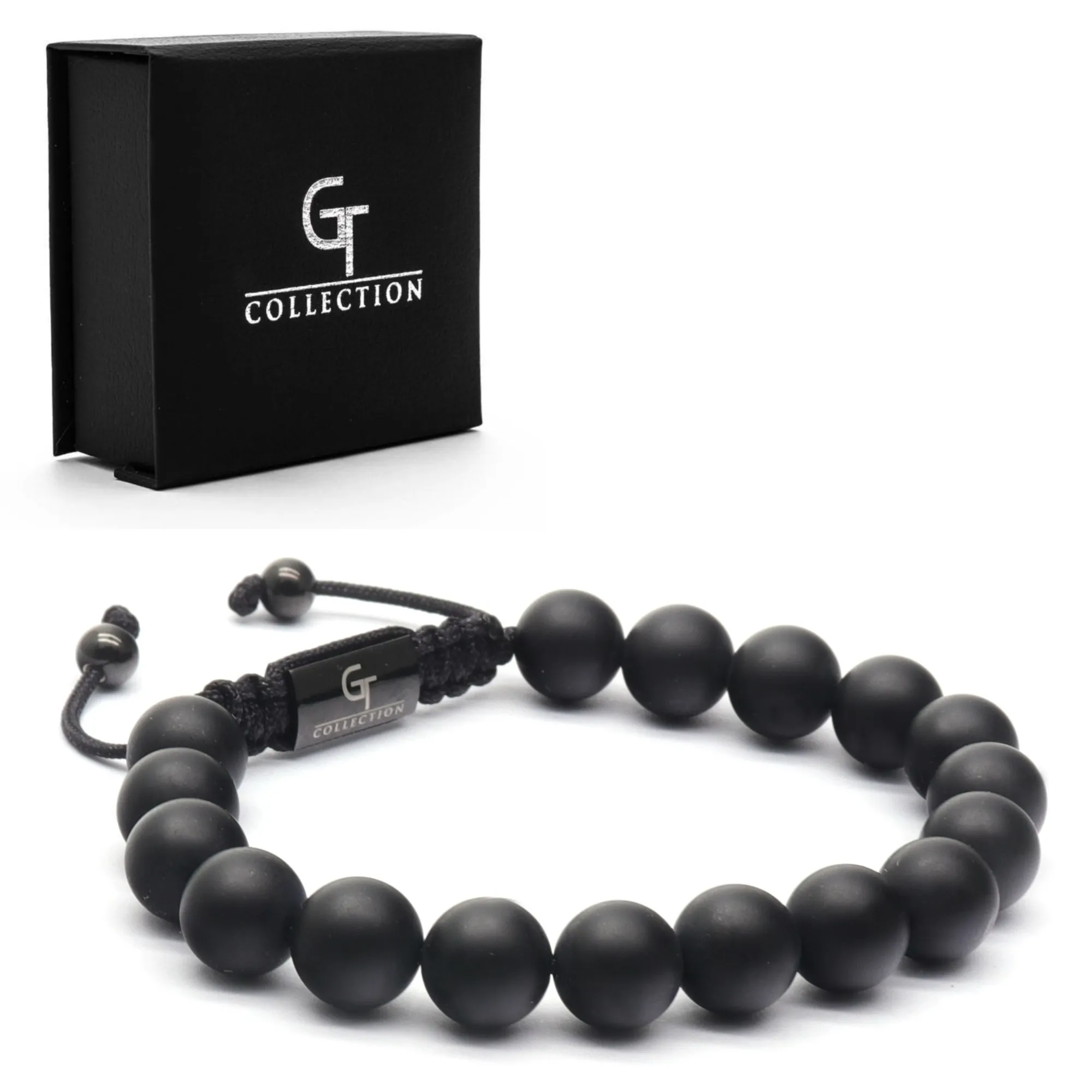 2 PIECE SET - Men's BLACK ONYX Single Bead Bracelet And Flatbead Bracelet