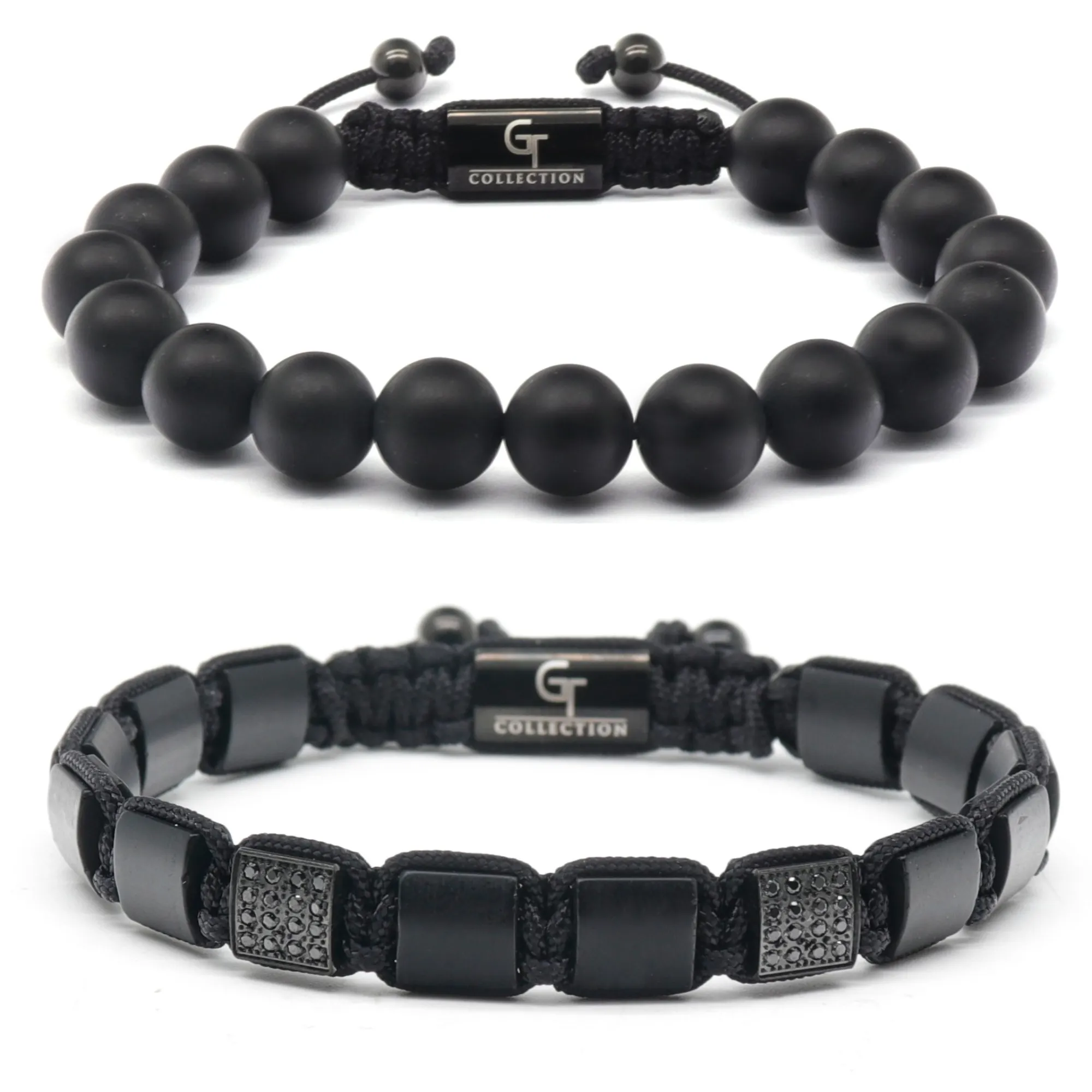 2 PIECE SET - Men's BLACK ONYX Single Bead Bracelet And Flatbead Bracelet