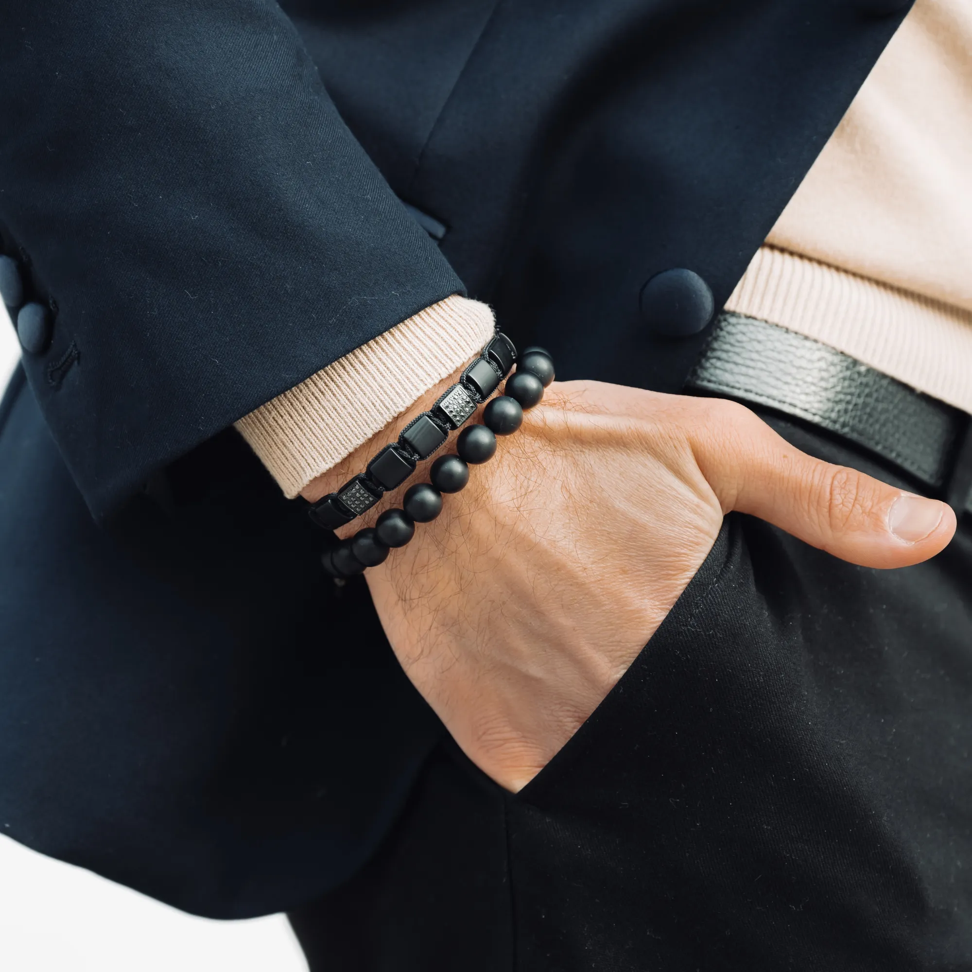 2 PIECE SET - Men's BLACK ONYX Single Bead Bracelet And Flatbead Bracelet