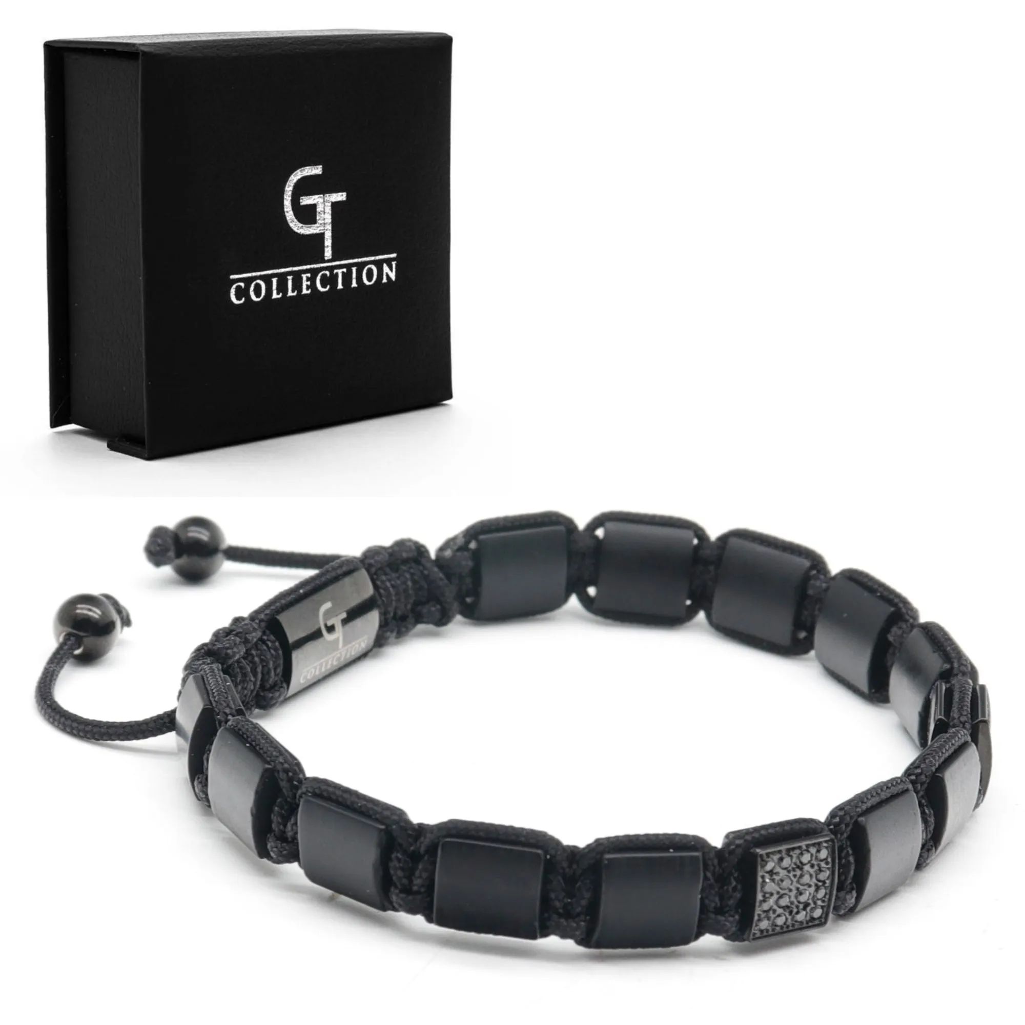 2 PIECE SET - Men's BLACK ONYX Single Bead Bracelet And Flatbead Bracelet