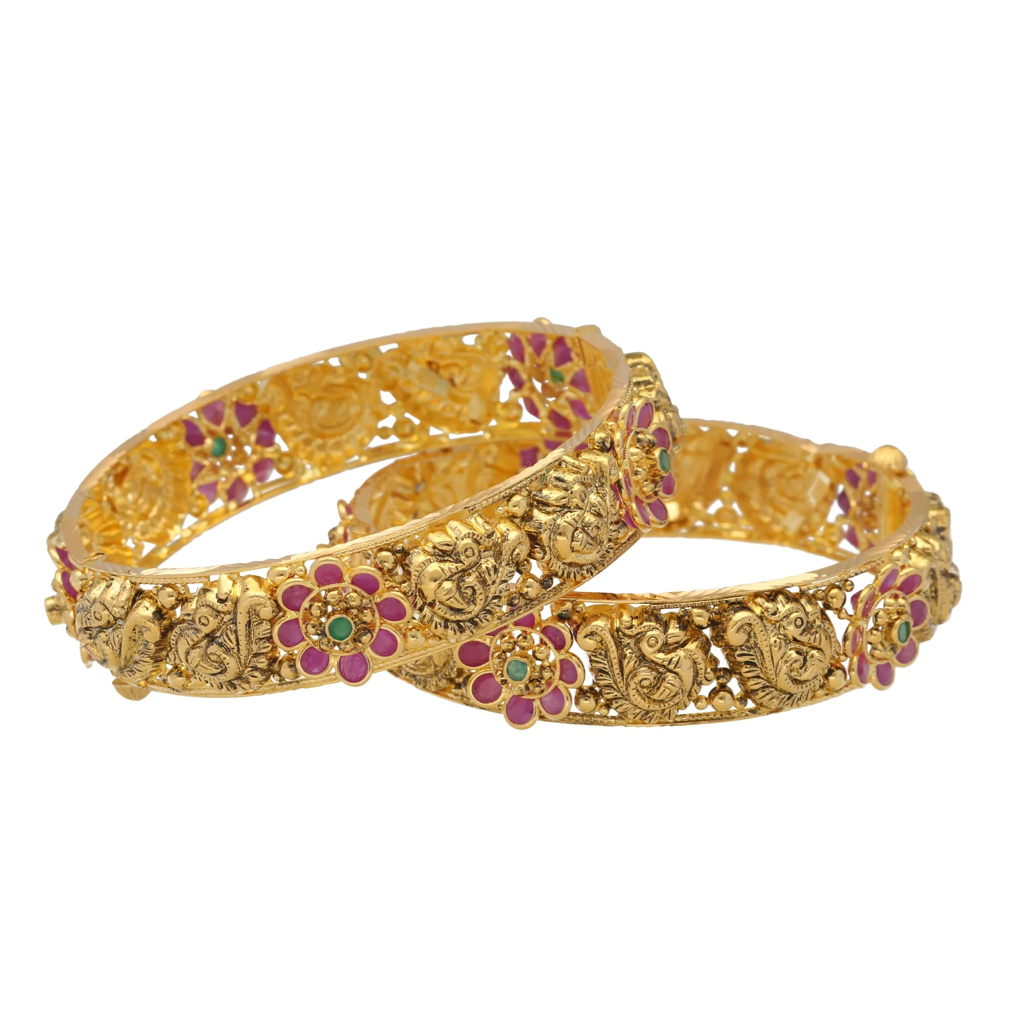 22K Yellow Gold & Gemstone Temple Bangle Set (54.3gm)