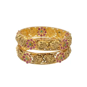 22K Yellow Gold & Gemstone Temple Bangle Set (54.3gm)