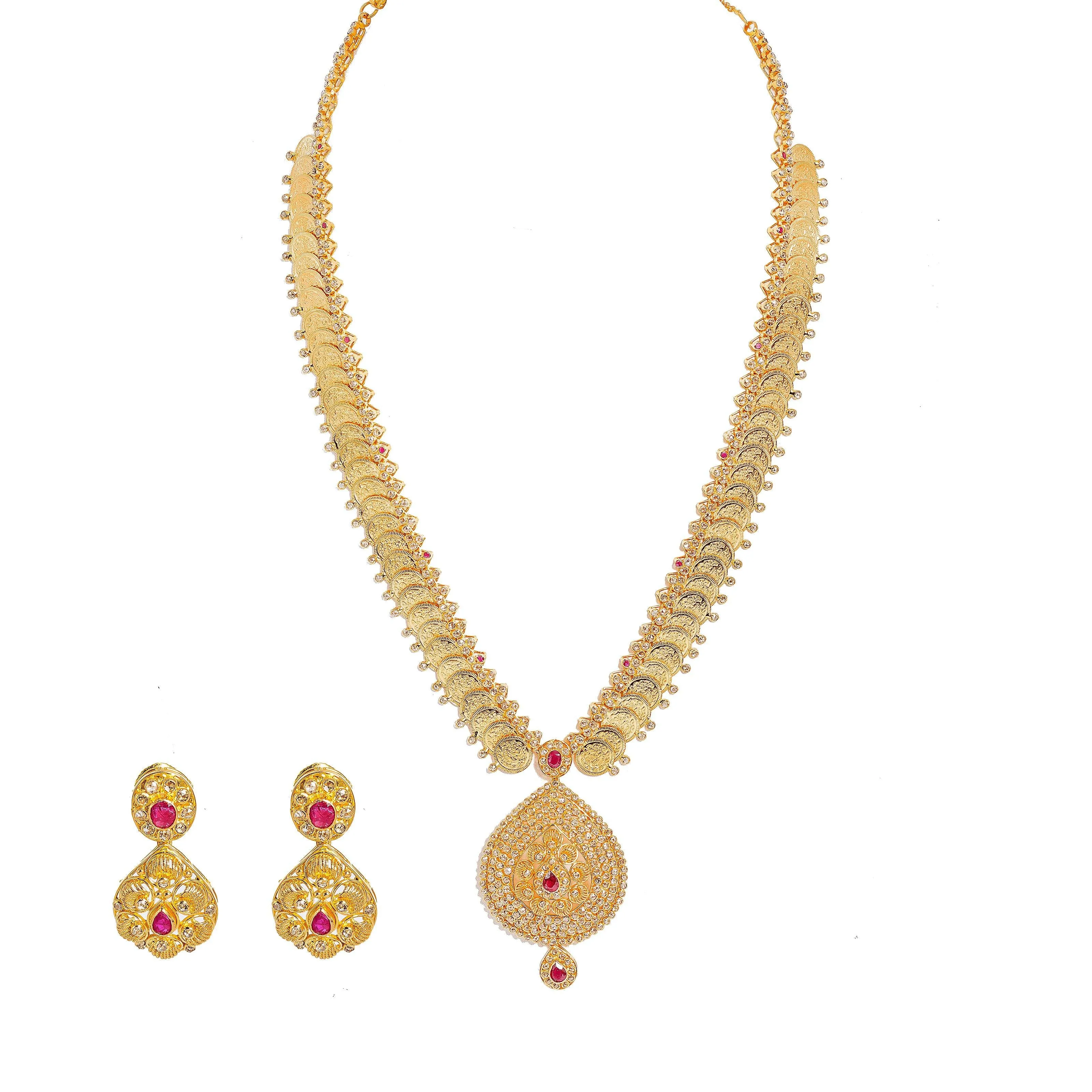 22K Yellow Gold Diamond Necklace & Earrings Set W/ 14.74ct Uncut Diamonds, Rubies & Laxmi Kasu on Deep V-Neck Pendant Necklace