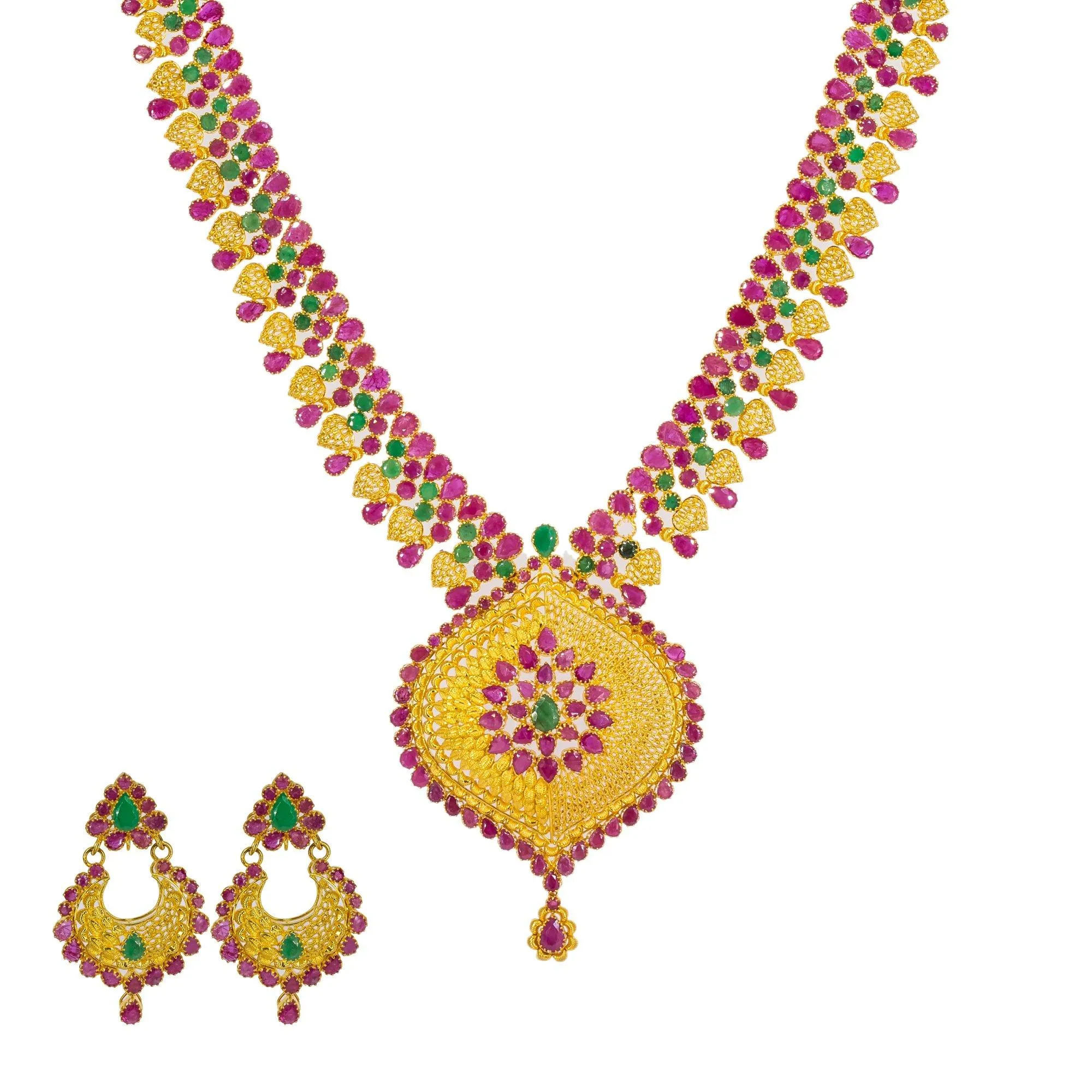 22K Yellow Gold Long Necklace & Chandbali Earrings Set W/ Rubies & Emeralds