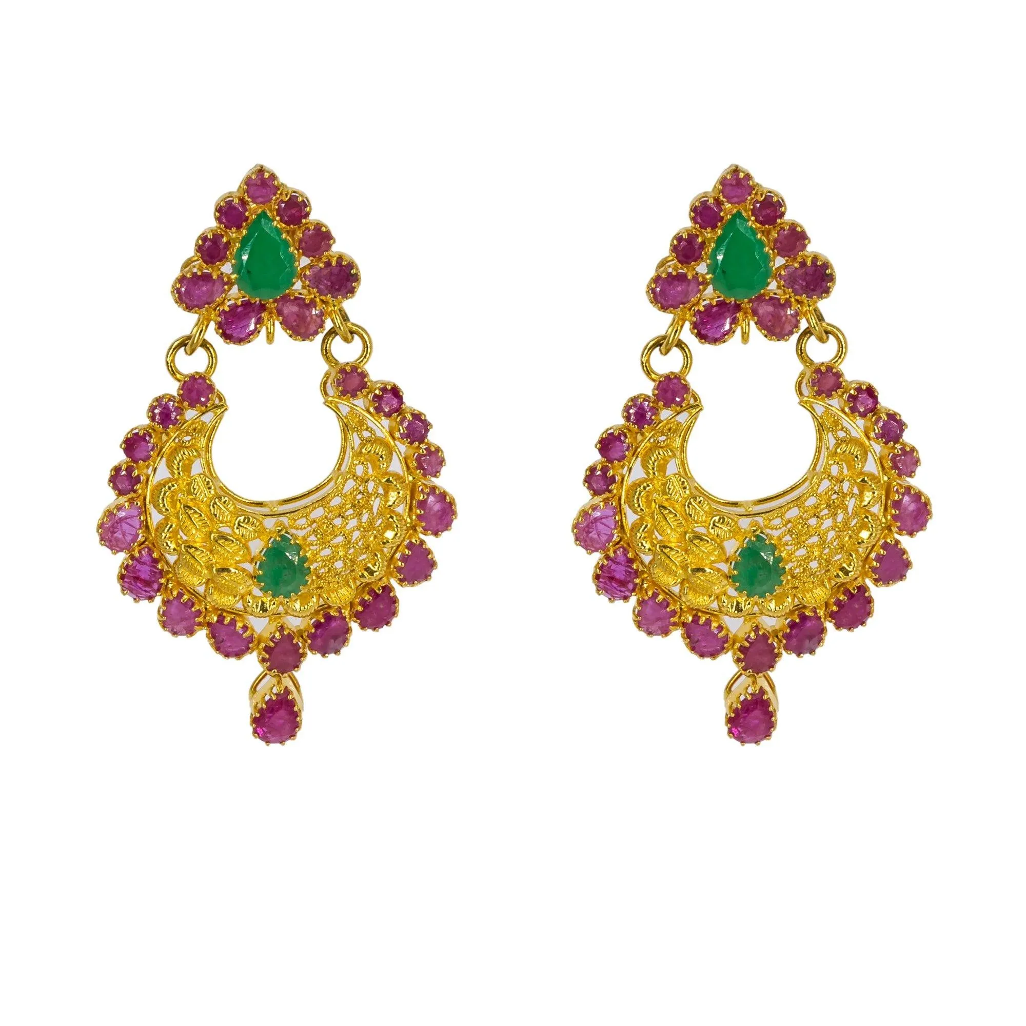 22K Yellow Gold Long Necklace & Chandbali Earrings Set W/ Rubies & Emeralds