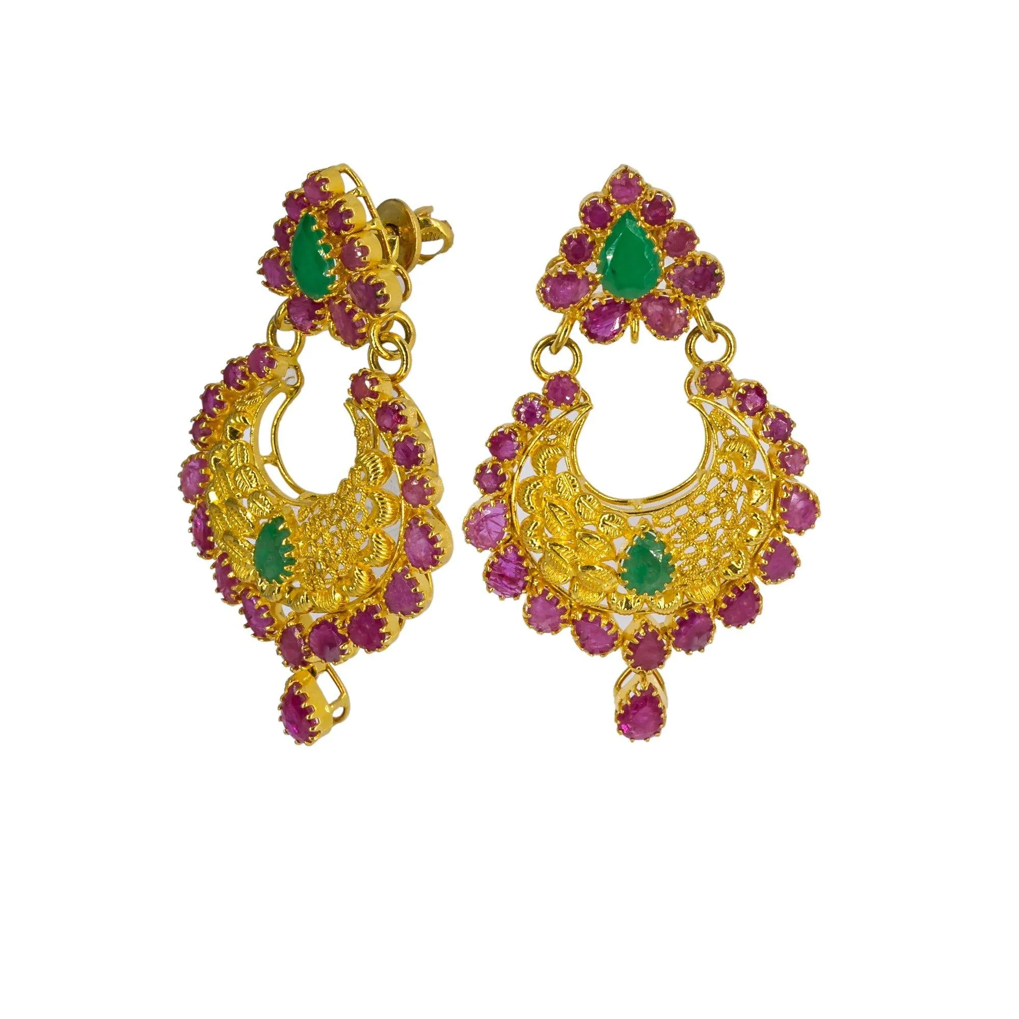 22K Yellow Gold Long Necklace & Chandbali Earrings Set W/ Rubies & Emeralds