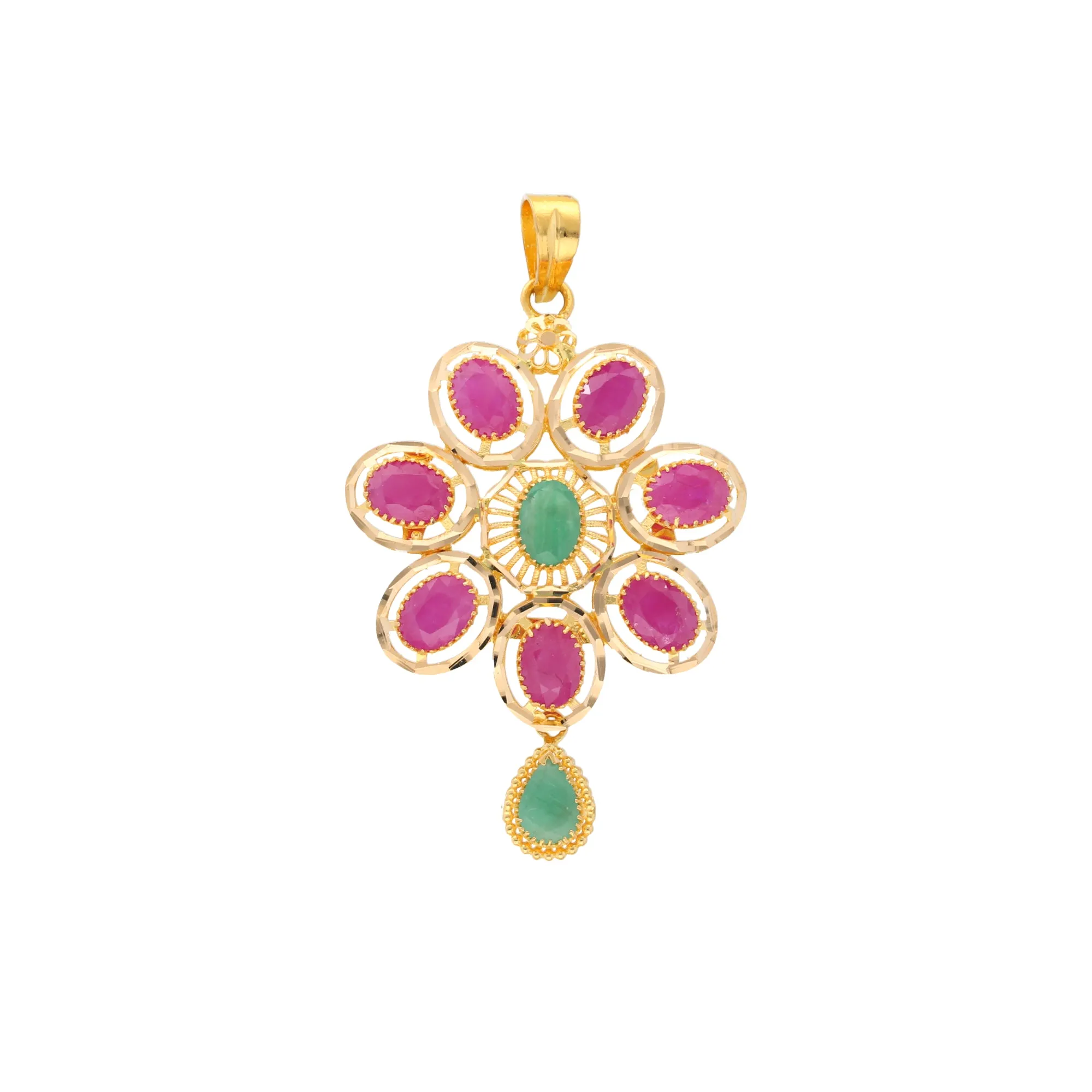 22K Yellow Gold, Ruby & Emerald Pendant Set (14.3gm)