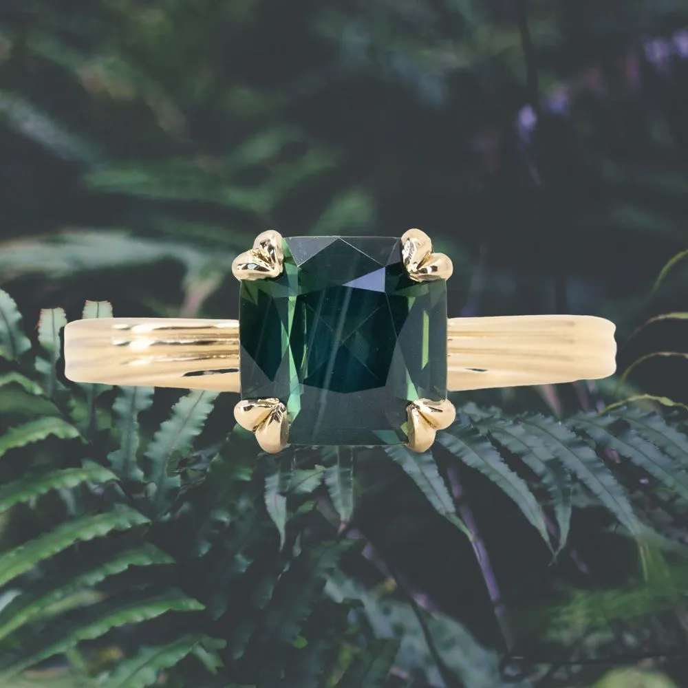 2.33ct Teal Cushion Cut Sapphire Low Profile Tri-Band Three Winds Double Prong Tapered Solitaire in 14k Yellow Gold