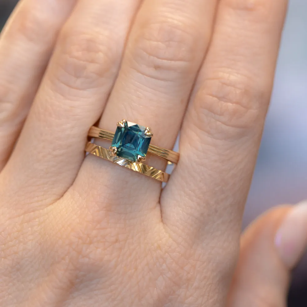 2.33ct Teal Cushion Cut Sapphire Low Profile Tri-Band Three Winds Double Prong Tapered Solitaire in 14k Yellow Gold