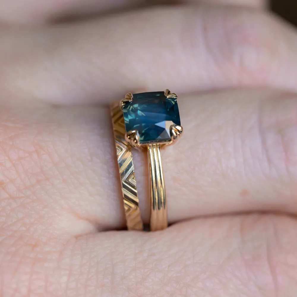 2.33ct Teal Cushion Cut Sapphire Low Profile Tri-Band Three Winds Double Prong Tapered Solitaire in 14k Yellow Gold