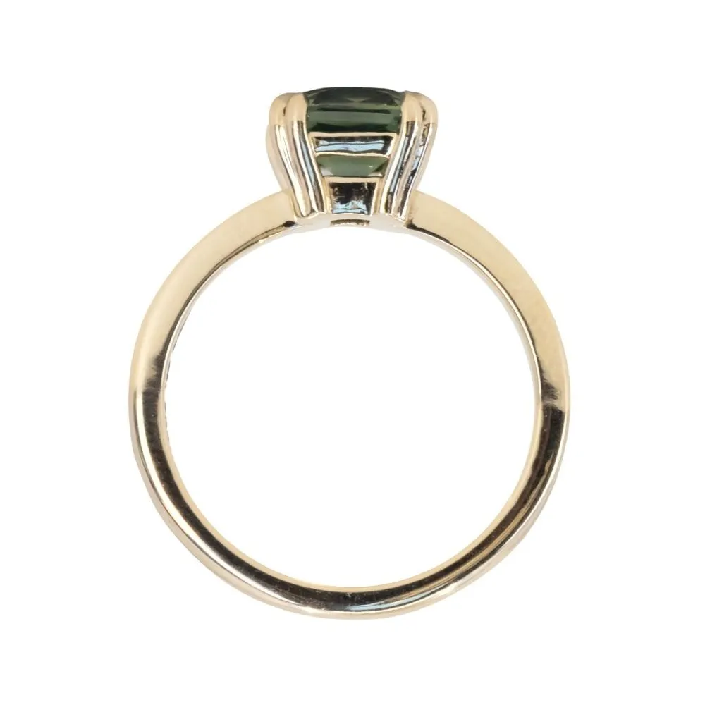 2.33ct Teal Cushion Cut Sapphire Low Profile Tri-Band Three Winds Double Prong Tapered Solitaire in 14k Yellow Gold