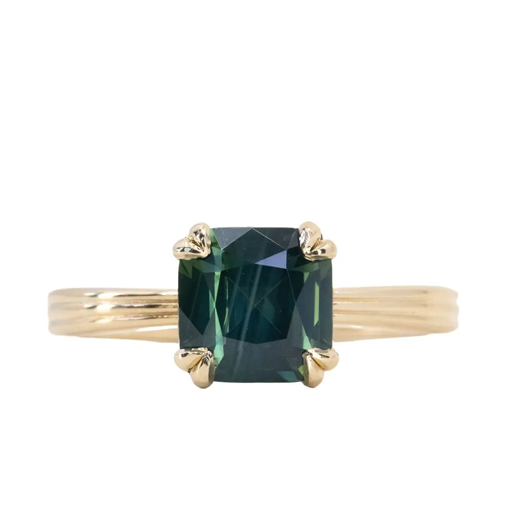 2.33ct Teal Cushion Cut Sapphire Low Profile Tri-Band Three Winds Double Prong Tapered Solitaire in 14k Yellow Gold