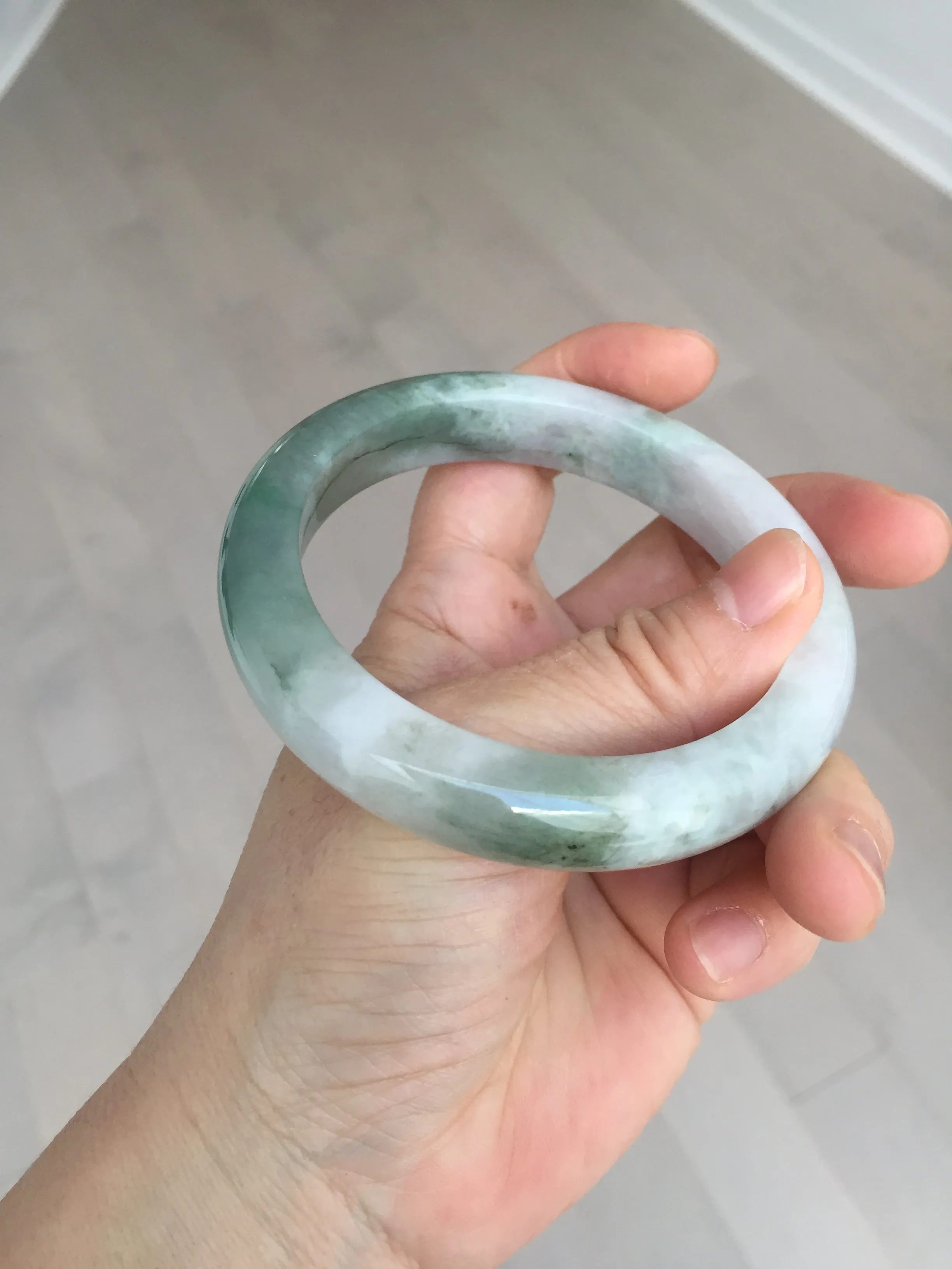 60.3mm certified type A 100% Natural oily light green/white chubby Jadeite Jade bangle BM18-2789